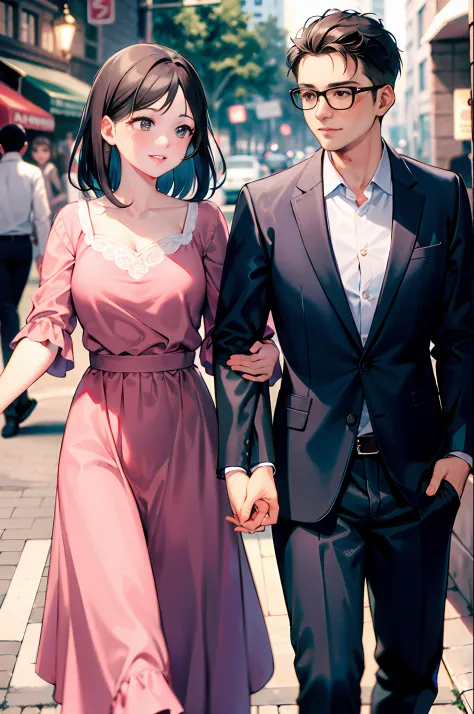 A middle-aged Asian man wearing a smart, soft pink shirt and classy grey trousers strolling hand in hand down the street with a young, stunning Asian woman dressed in a beautifully patterned pink floral dress. The pair exude elegance, style, and warmth, wi...