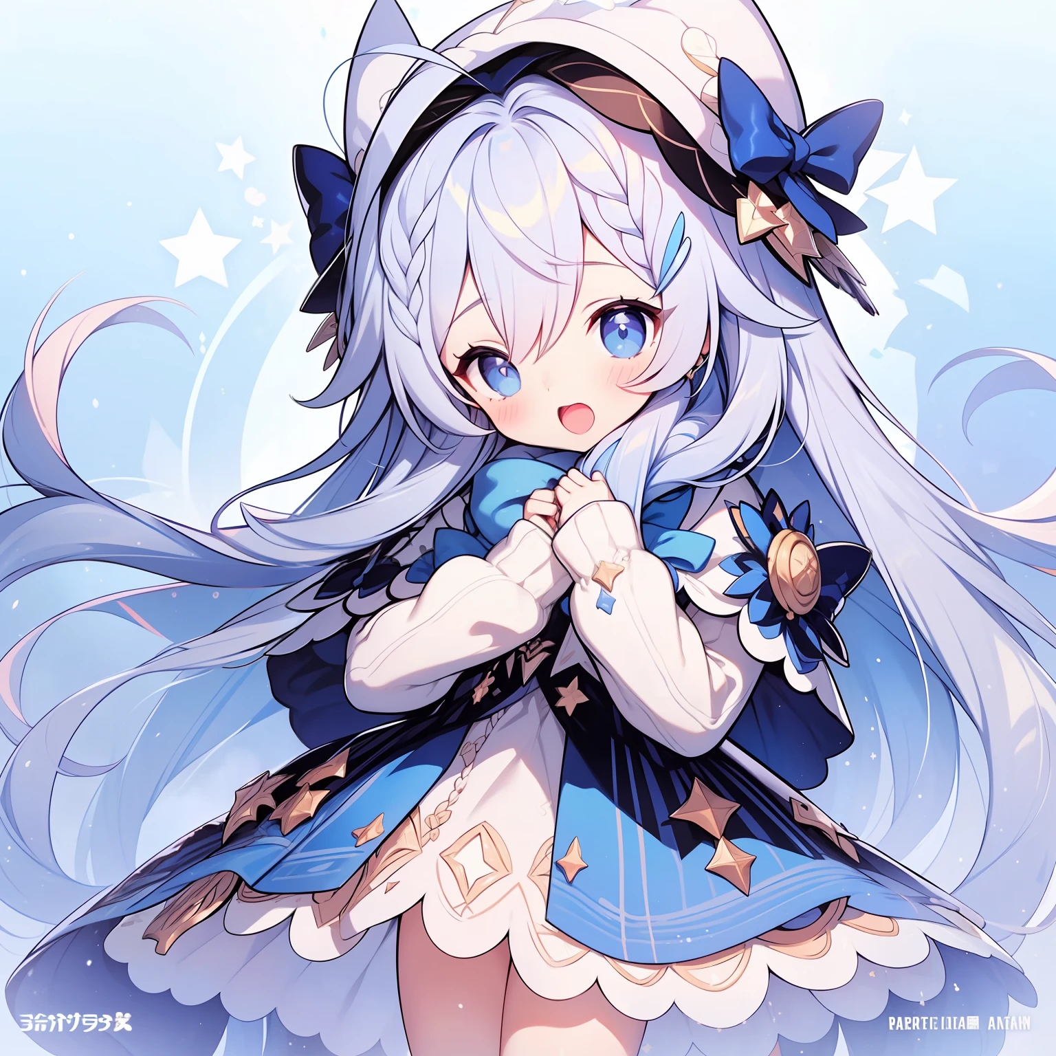 1girll, Solo, One eye closed, ahoge, Braid, Blue eyes, Star (symbol), Blue nails, Boots, full body, bow, Animal ears, jewelry, Long hair, view the viewer, nail polish, Fur trim, Open mouth, multicolored hair, A blue headdress, dress, ;Tai, Puffy sleeves, Cape, Say goodbye to hair accessories, Hairstyles, Hat, bangs, Long sleeves, Blue bow, hair adornments, Blue hair, Starry sky print, Blue dress, Blonde hair, Blue cape, chain, Very long hair, Skirt, x hair ornamen, Wings, streaked, Blush, Earrings, Blue footwear, Head wings, :Tai, constellation print, puffy long sleeves, Blue skirt, striped bow, Socks, constellation,