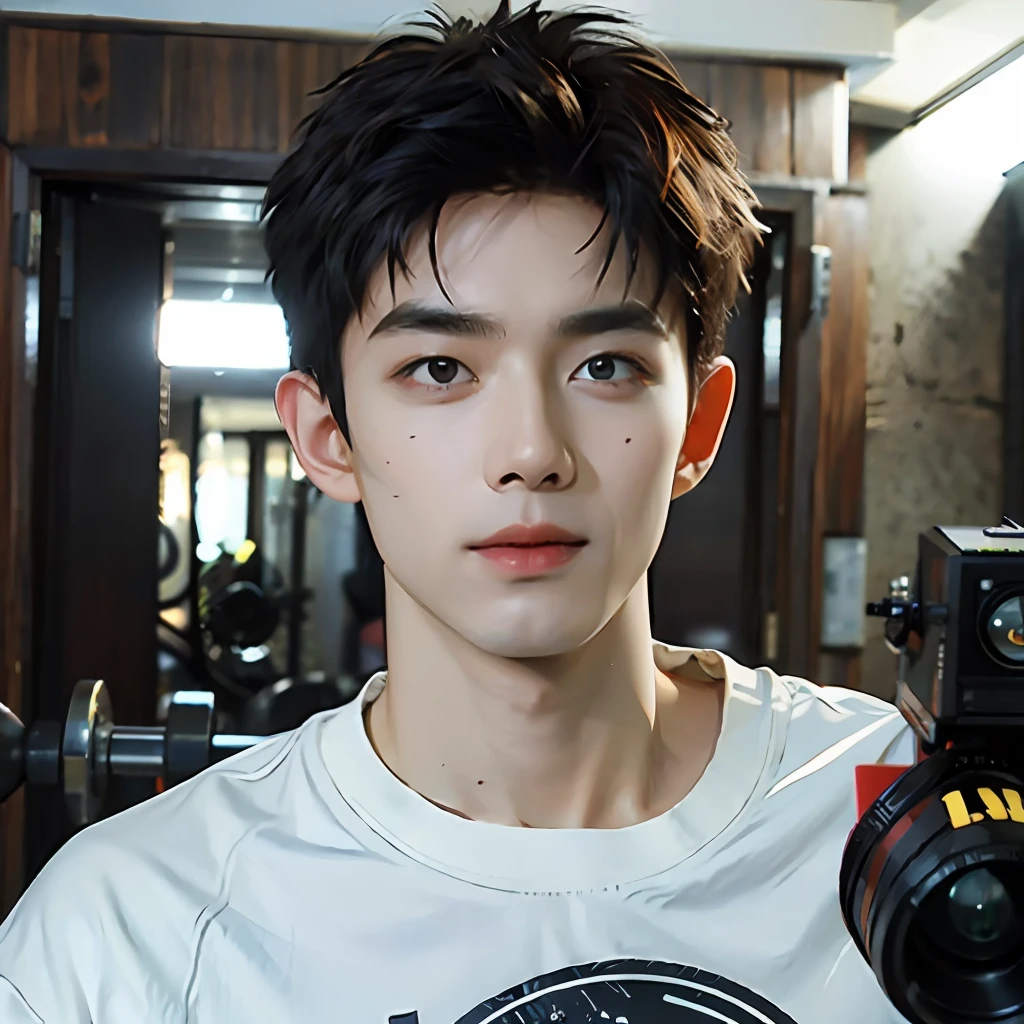 best quality, ultra high res, (photorealistic:1.4), masterpiece, Kodak portra 400, blurry background , gym, (face Focus:1.3),1boy ,white skin, white t-shirt, posing, looking at viewer ,face focus