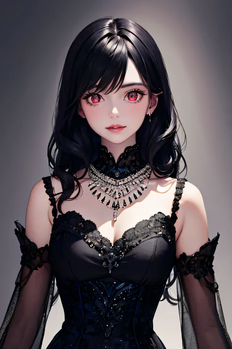 (masterpiece, top quality, best quality, official art, beautiful and aesthetic:1.2),
cateyes,1girl, solo, long hair, hair between eyes, dress,closed mouth, black hair, looking at viewer, smile, detached sleeves, red eyes, bare shoulders, hair ornament, bla...