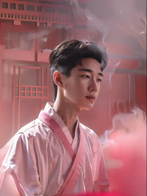 20-year-old boy in white Hanfu，chinesedragon，light red and light pink，light pink smoke background，Innocence，cinematic Film still...