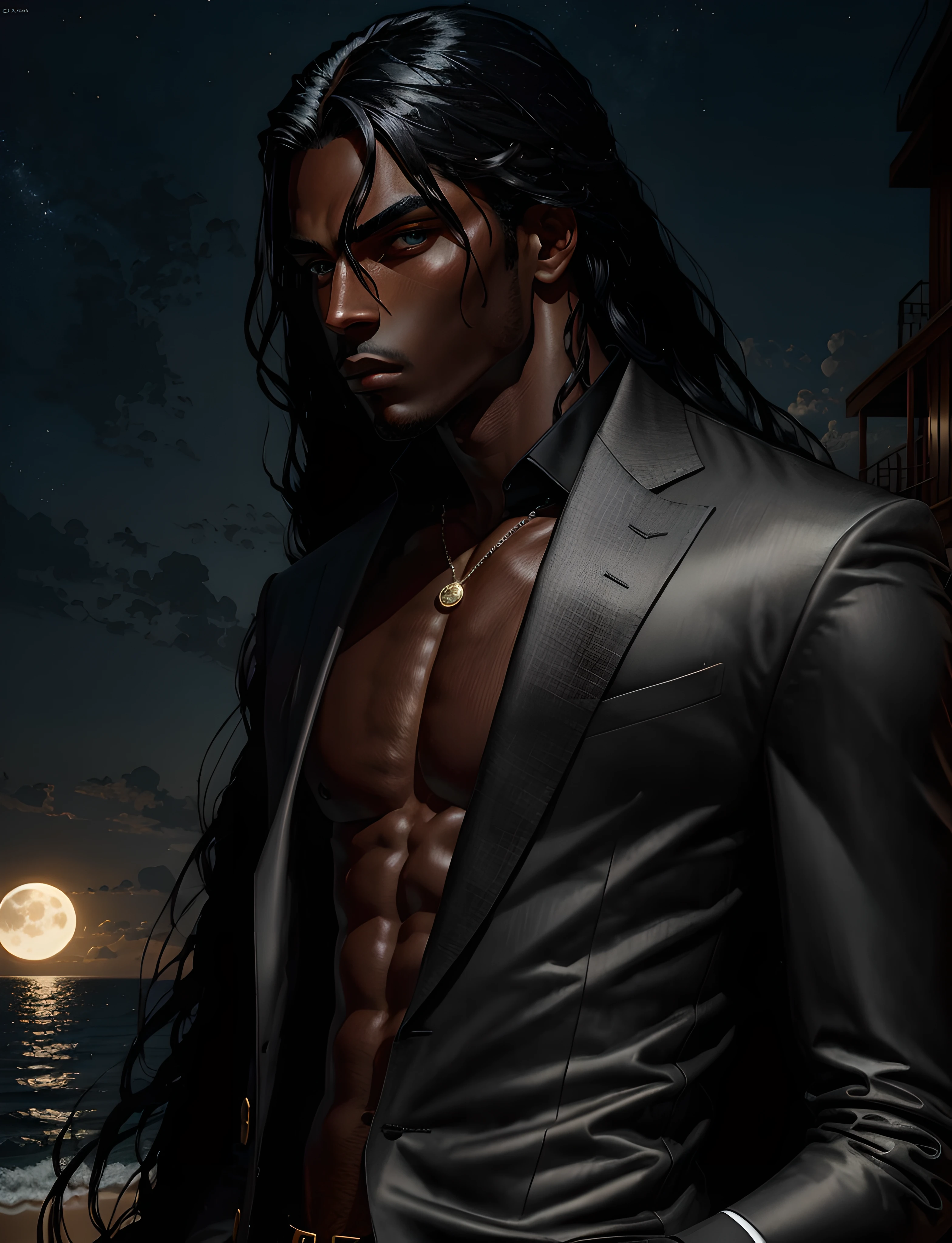 masterpiece, highest quality, (solo focus), (perfect face:1.1), (high detail:1.1), (hyper detailed eyes), dramatic, 1guy, (dark skin), long black hair, white eyes, (light eyebrows), solo, long hair, moon, night, black luxury suit, covered navel, pouty lips, fur, arrogant expression, beach house detailed background, art by artgerm, cinematic lighting, roses, fashion, character generated and dressed in BalenciagaStyle