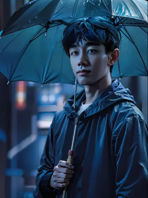 n asian boy is standing with an
umbrella in the rain, in the style of snapshot
aesthetic, onii kei, captivating gaze the style of
yosuke ueno, pictorial drama, snapshot
aesthetic, rei kamoi, douglas smith, dark gray
and light azure, strong facial expressio...
