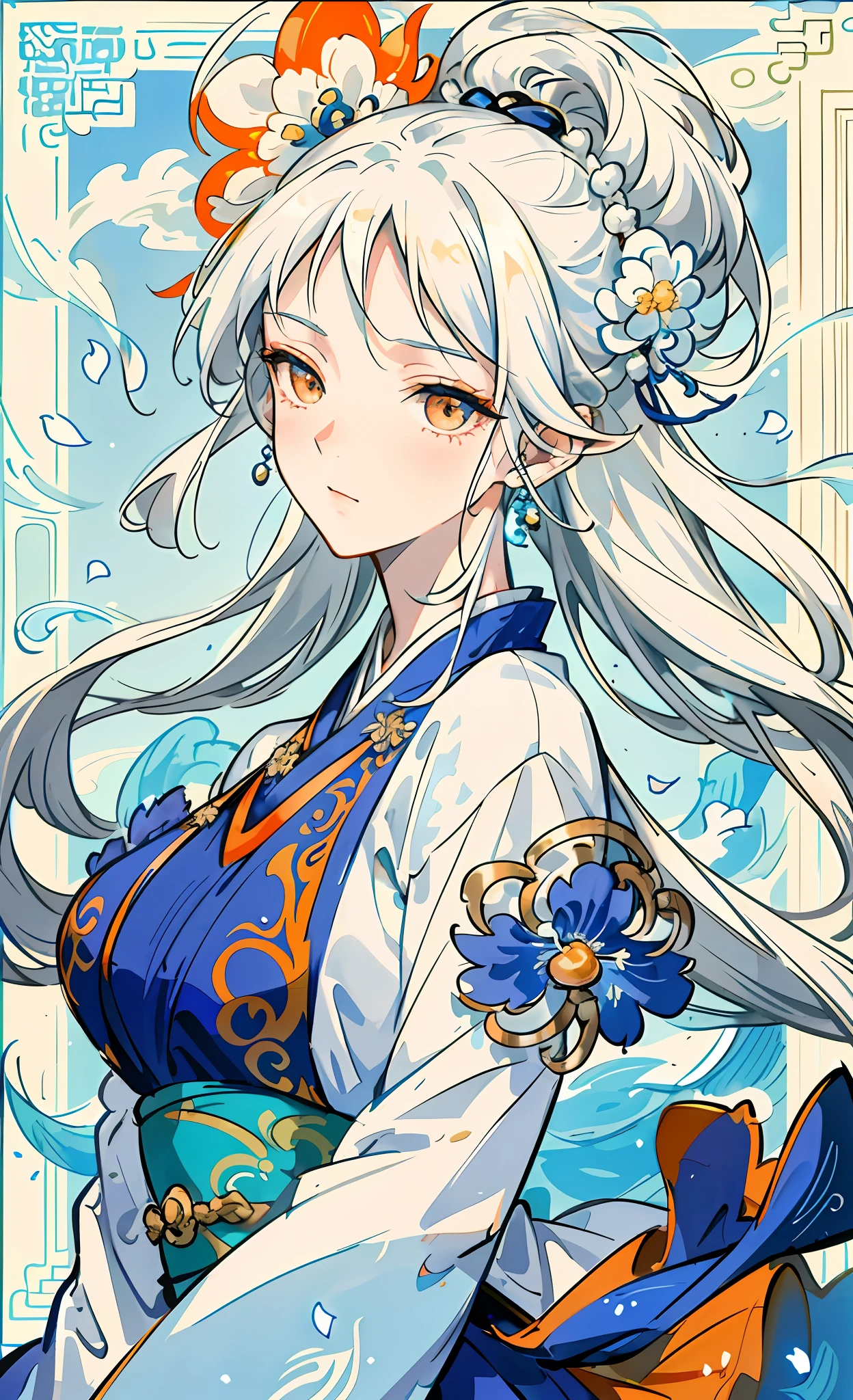 Mature girl, orange eyes, blue-white hair color, floating hair, delicate and flexible eyes, intricate damask hanfu, gorgeous accessories, wearing pearl earrings, fov, f/1.8, masterpiece, ancient Chinese architecture, blue sky, flower petals flying, front portrait shot, Chang'e, side lighting, sunlight on people, 8K