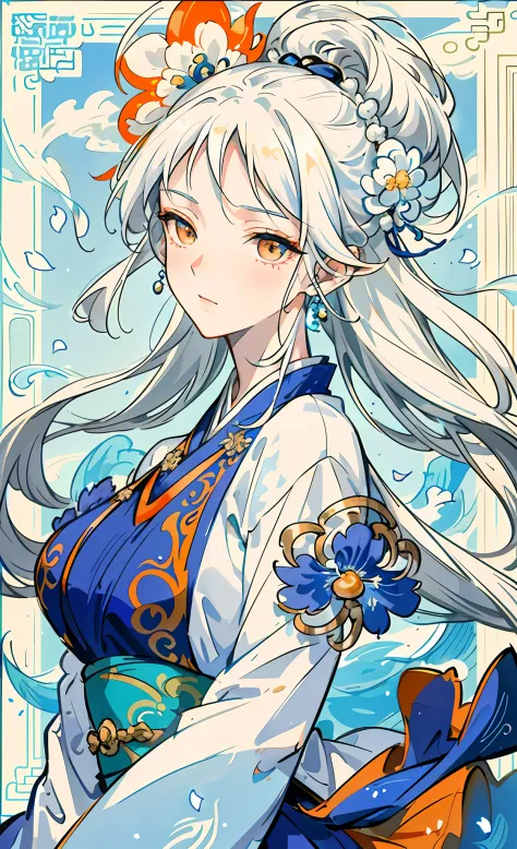 Mature girl, orange eyes, blue-white hair color, floating hair, delicate and flexible eyes, intricate damask hanfu, gorgeous acc...