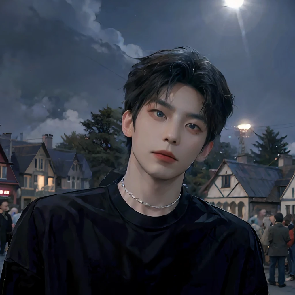 best qualtiy，（realisticlying：1.4）， tmasterpiece， Kodak Portra 400， Kpop idol， 耳Nipple Ring， jewely， choker necklace， blue-shirt， view over city， rays of sunshine， Outside the church， the night， exteriors， hyper realistic texture human skin，
