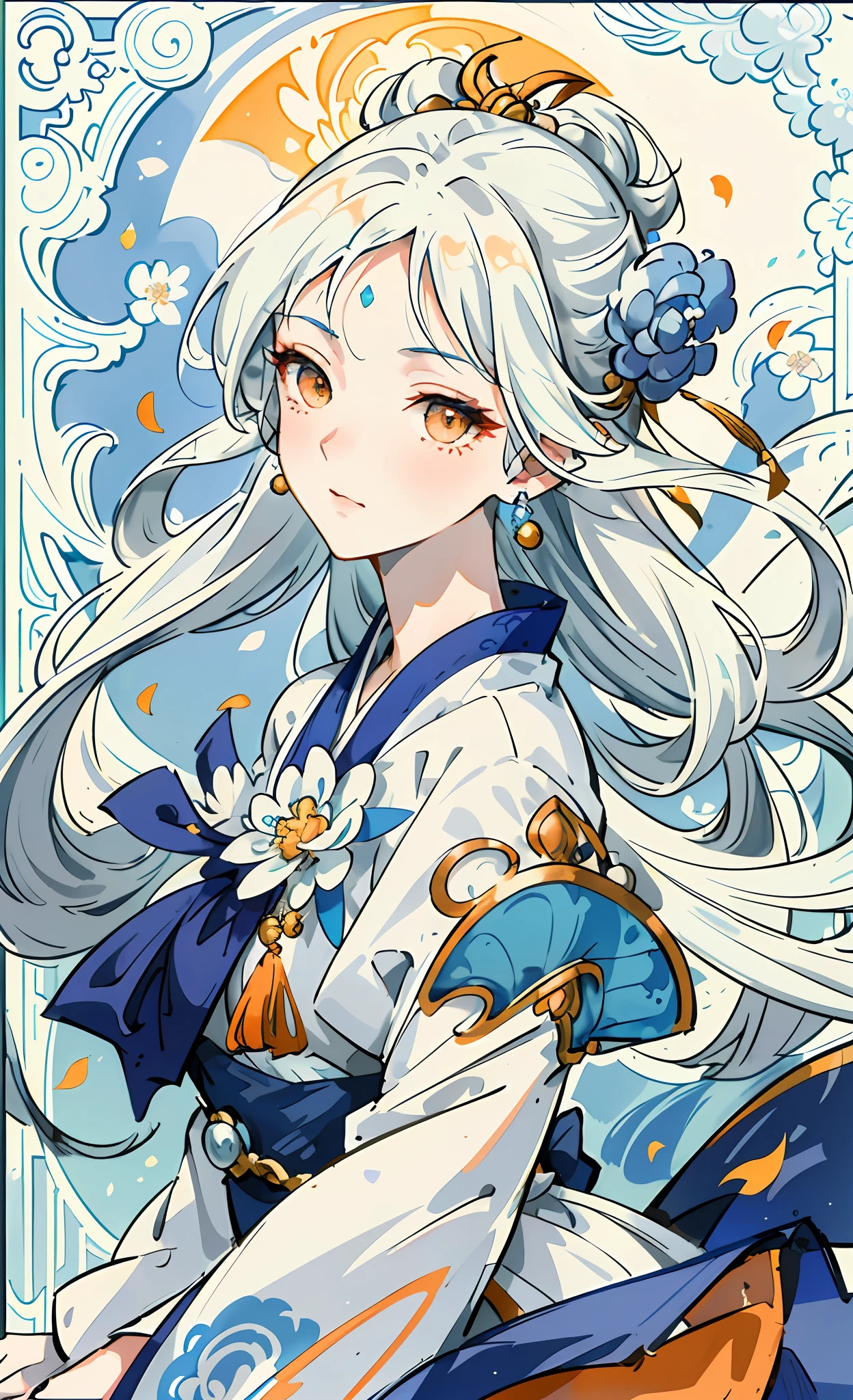 成熟的女孩, 橙色眼睛, 蓝白色头发颜色, Floating hair, delicate and Flexible eyes, intricate damask hanFu, 华丽的配饰, 戴珍珠耳环, Fov, F/1.8, 杰作, 中国古建筑, 蓝天, Flower petals Flying, Front portrait shot, 改变, 侧光, 阳光照耀人间, 8千