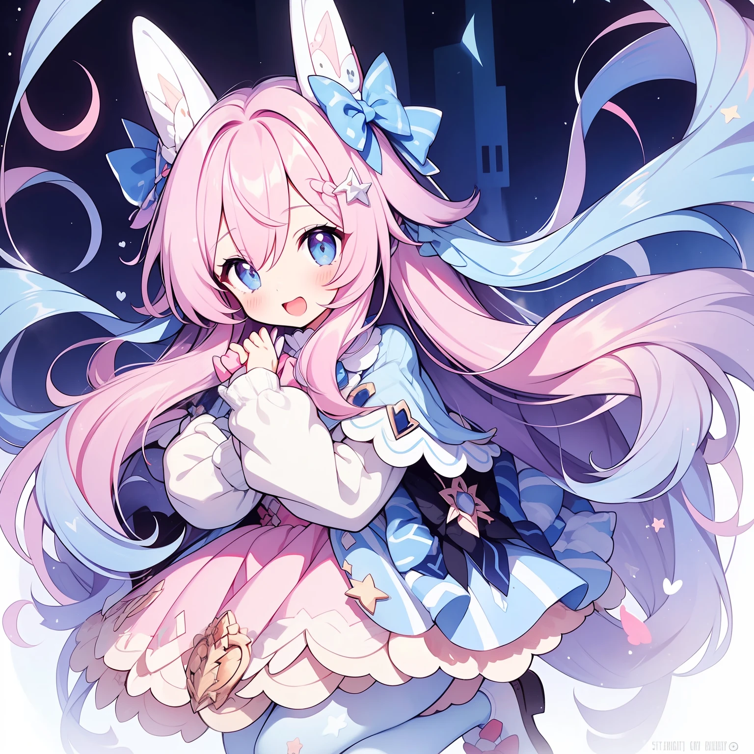 1girll, Animal ears, Pink hair, Long hair, Rabbit, Open mouth, Smile, Rabbit ears, bow, Solo, White background, dress, Pantyhose, the wall, Blue eyes, view the viewer, :D, full body, Simple background, nail polish, streaked, Holding, Arm raised, Say goodbye to hair accessories, Hairstyles, Long sleeves, Puffy sleeves, Watercolor shoes, shoes, Blue footwear, Jumps, Animal, Blush, argyle, Star (symbol), holding wand, Very long hair, ribbon,