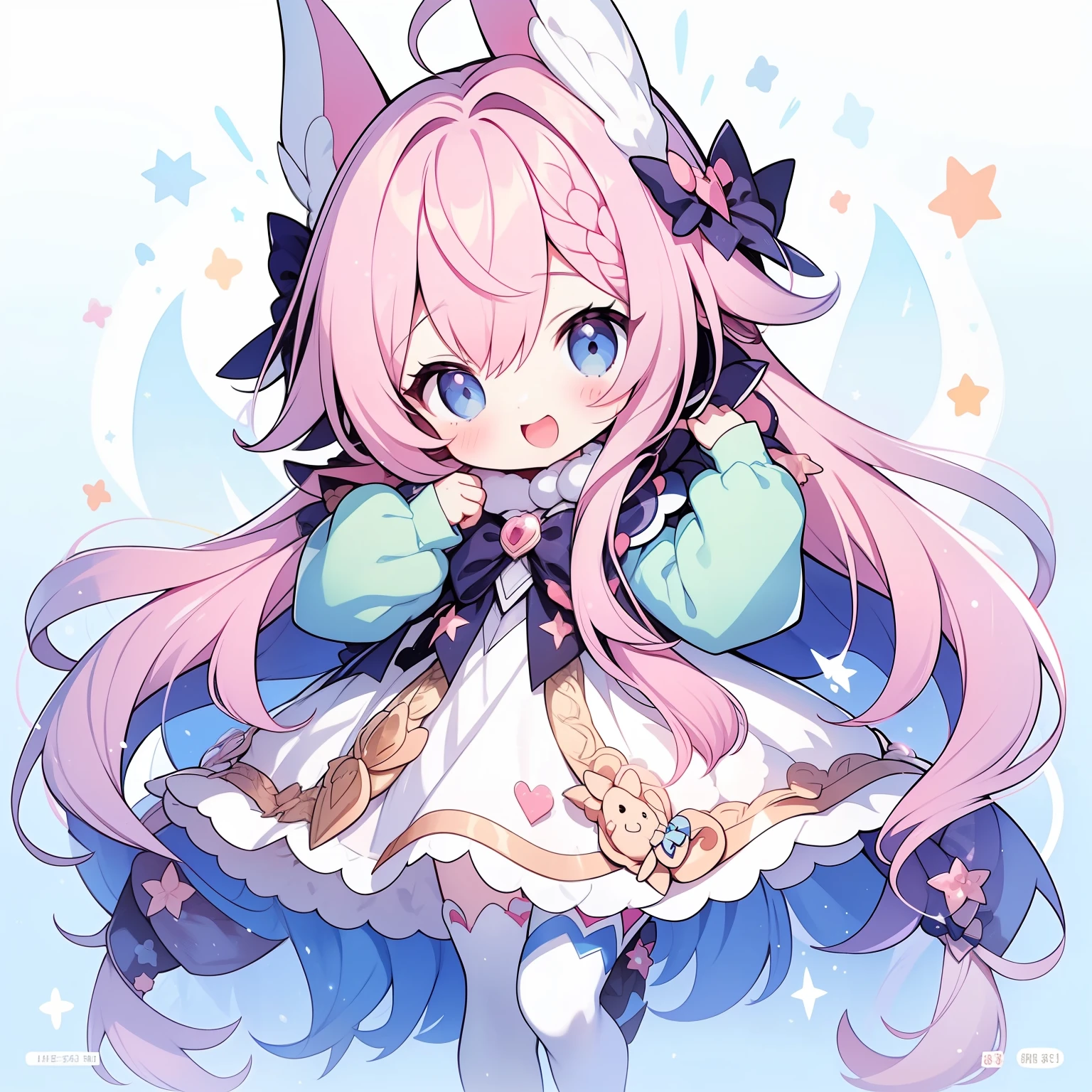 1 chica, animal ears, Cabello rosado, pelo largo, conejo, boca abierta, sonrisa, conejo ears, arco, Solo, Fondo blanco, vestido, pantys, la pared, Blue eyes, ver al espectador, :d, cuerpo completo, fondo sencillo, esmalte de uñas, rayado, tenencia, brazo levantado, Dile adiós a los accesorios para el cabello, Peinados, mangas largas, mangas hinchadas, Watercolor zapatos, zapatos, calzado azul, salta, animal, rubor, argyle, estrella (símbolo), sosteniendo la varita, cabello muy largo, cinta,