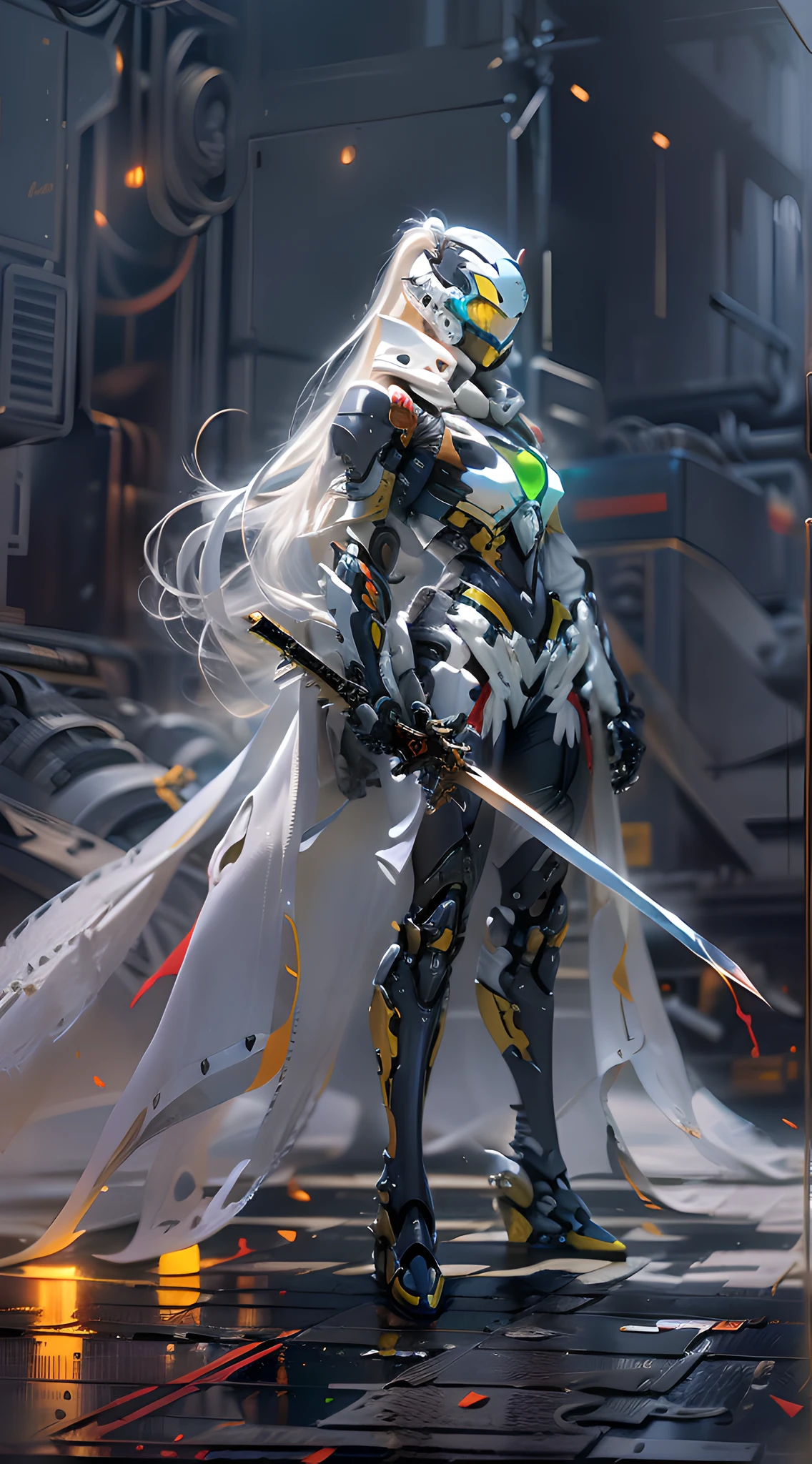 A mech, Long silver-white hair with a ponytail and waist, V-shaped mechanical helmet, Wearing a black sexy mech suit, Illuminated missile launchers open on both sides of the shoulder, A long red tattered cloak swayed in the wind, Holding a wide and thick sword, It glows yellow, Combat action, true to life, Best picture quality, Highest clarity and clarity, primitive, ultra-realistic realism, high detal, afofuturism, lightand shade contrast, cinmatic lighting, Ray traching, reflective light, Full body photo, sense of layers, The light is soft, REX, Mecha all, detail, Realiy, Action painting