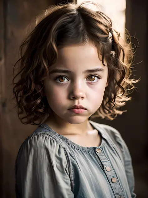 (Modelshoot style), sad homeless little girl ((wearing shabby clothes)), (shy), 1girl, solo, brown curly messy hair, very delica...