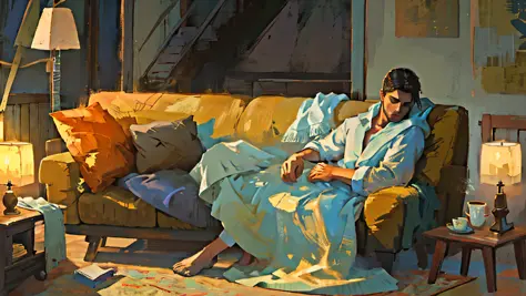 "A man peacefully sleeping on a sofa by the window, wrapped in a cozy blanket, as the soft light of dawn illuminates the room. T...