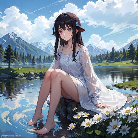Summer, meadows, few small flowers, clear lakes, sheep, heaven, large clouds, blue sky, hot weather, HD detail, wet watermark, hyper-detail, cinematic, surrealism, soft light, deep field focus bokeh, distant view is snowy mountains, ray tracing, and surrea...
