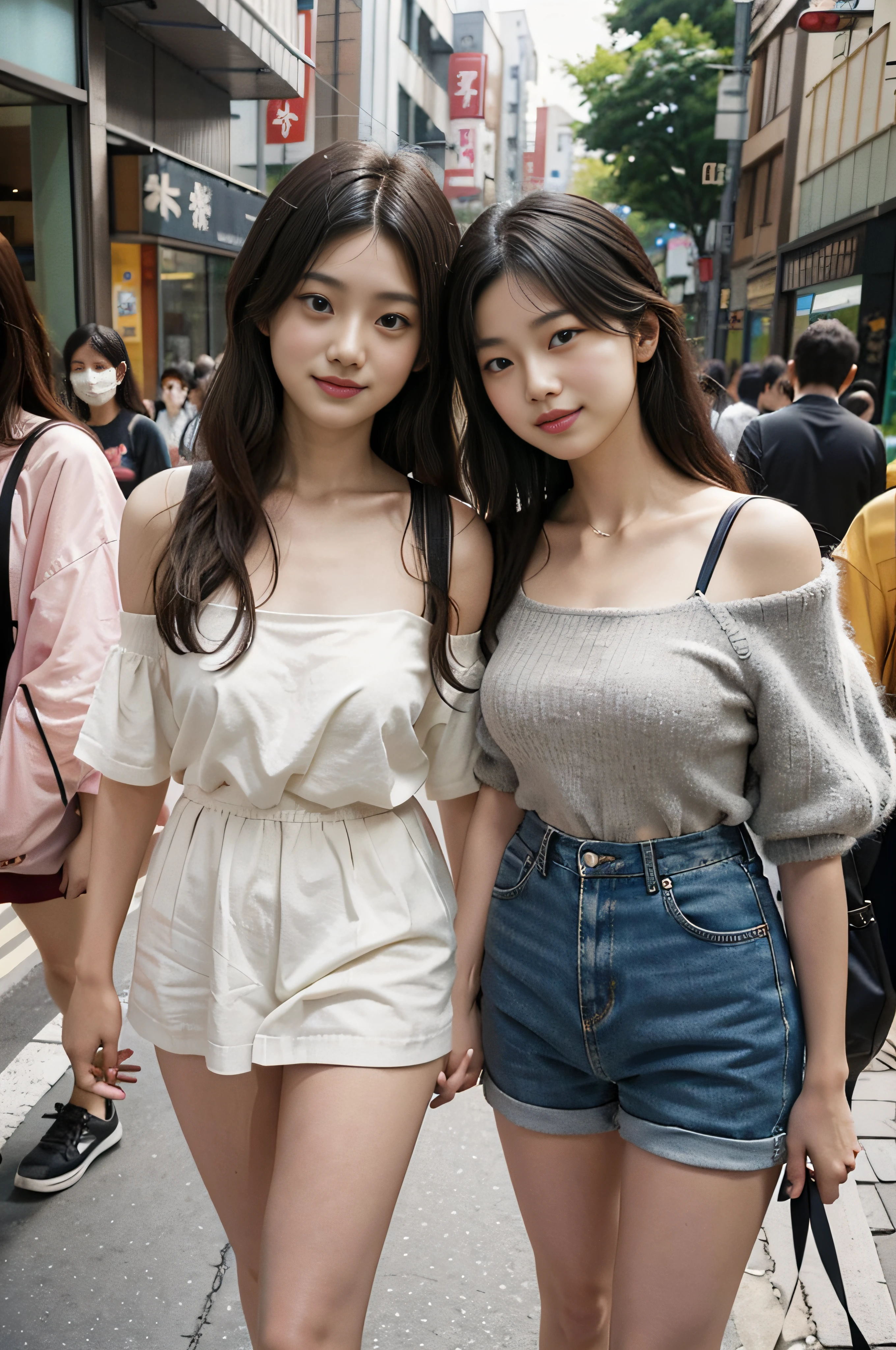Япония、Летняя мода Harajuku Takeshita Street 2023 года、с плеч、2 девушки вместе гуляют, 16 лет、большие груди, Узкая талия, улыбаюсь в камеру、хороший прекрасный день