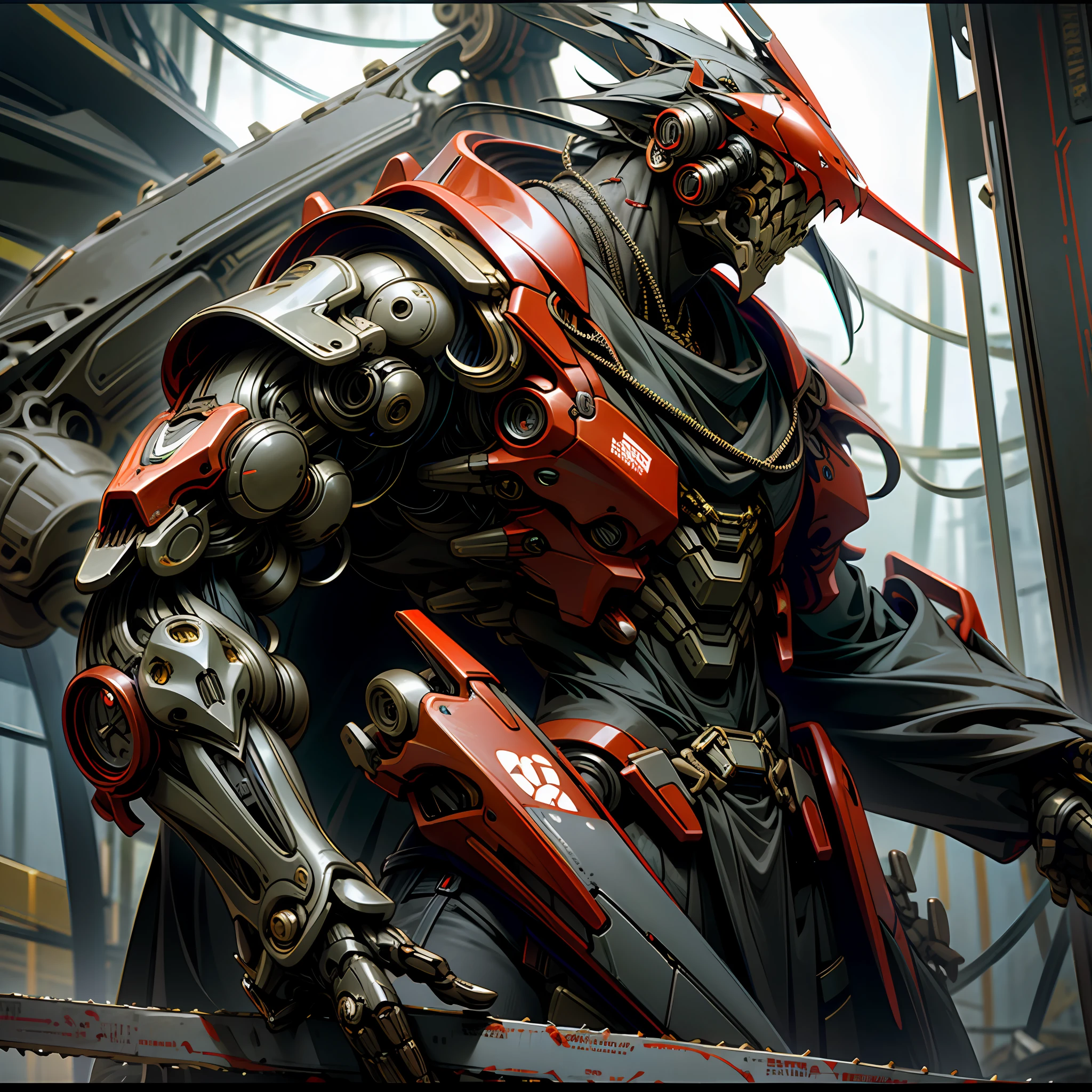 Dark_Fantasy,Cyberpunk,(chain saw,chain saw man,Red:1.1),1man,Mechanical marvel,Robotic presence,Cybernetic guardian,