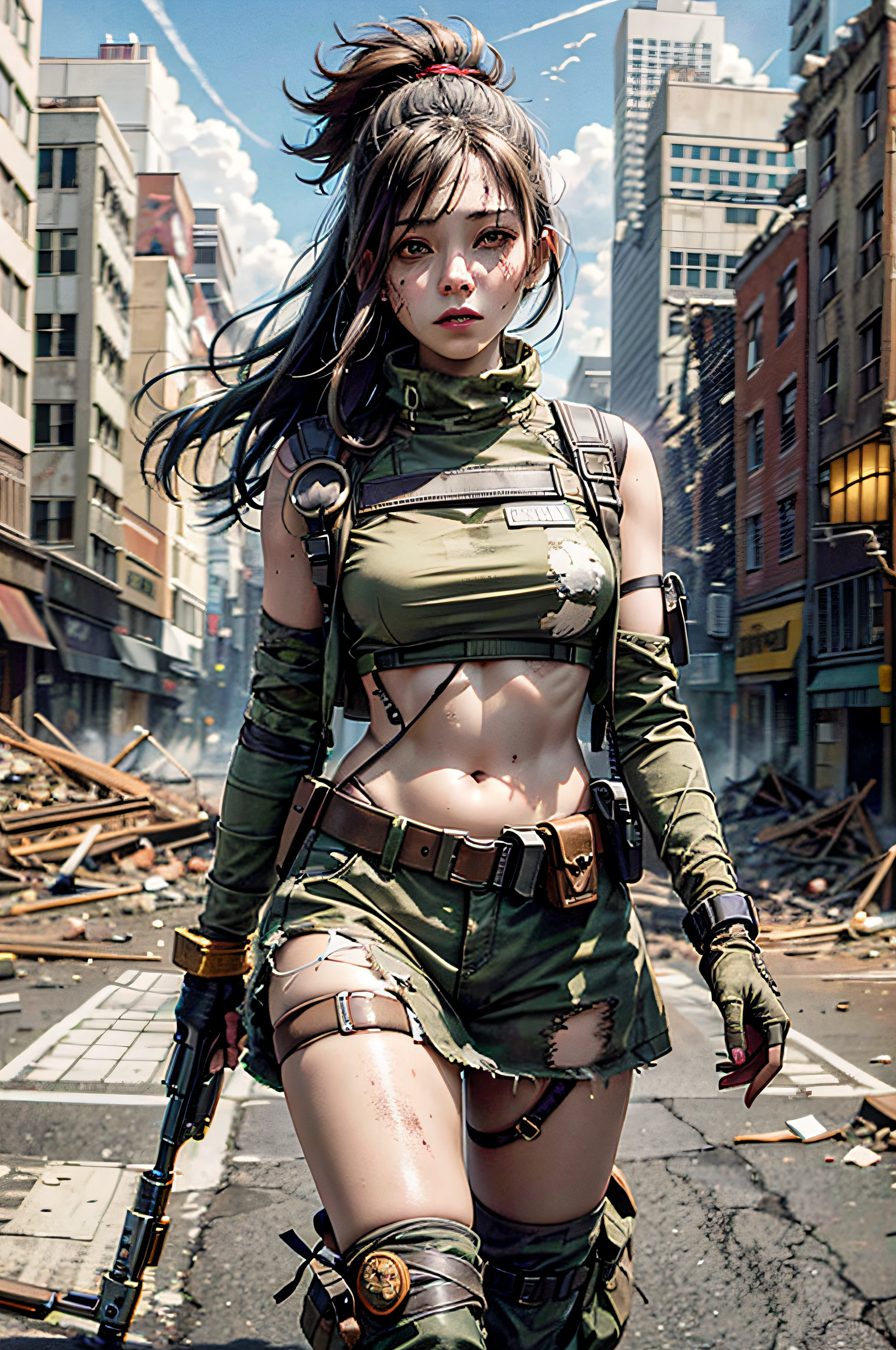 masterpiece, best quality, high resolution, rich details, 8k, extreme light and shadow, image of a beautiful young girl wearing tactical gear, holding a AK47 with two hand, walking down a desolated street in a collapsed city, post apocalypse, smoke and fog in the air, yellow gray sky covered with toxic cloud, collapsed building, broken street, tall body, detailed face, detailed eye, cold face, dirty, (post apocalypse theme),(