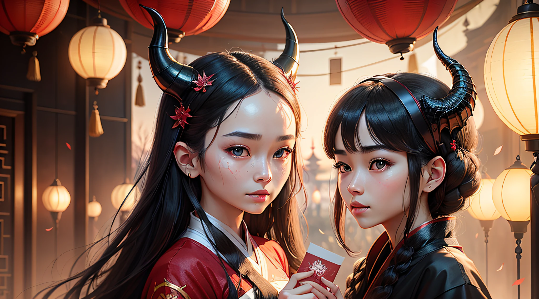 Delicate facial features，Perfect body, delicate facial features，perfect bodies，There are dragon horns in front of the forehead，Hanfu，Dragon，New Year atmosphere，black color hair，Eyes，Black eyes，long eyelasher，paper cut out，red envelopes，lanterns，Twin sisters