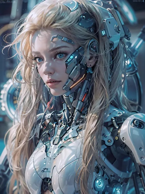 Complex 3d rendering porcelain female cyborg ultra detail, 1girl, fluffy blonde hair, long hair, small waist, (natural skin text...