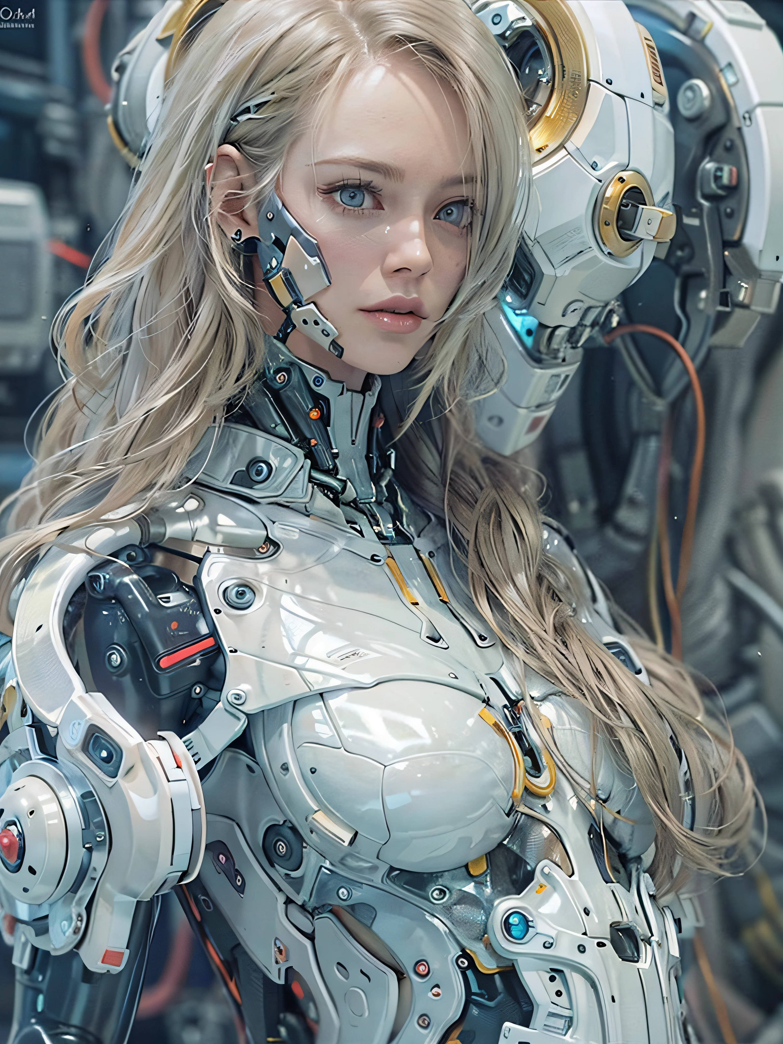 Complex 3d rendering porcelain female cyborg ultra detail, 1girl, fluffy blonde hair, long hair, small waist, (natural skin texture, realistic eye details: 1.2), robot parts, beautiful soft light, rim light, vivid details, gorgeous cyberpunk, hyper-realistic, anatomical, facial muscles, cable wire, microchip, Elegant and beautiful background, octane rendering, apple style, 8K, top quality, masterpiece, illustration, very delicate and beautiful, CG, unity, wallpaper, (realistic, photorealistic: 1.2), amazing, detail, masterpiece, best quality, official art, highly detailed cg Unity 8k wallpaper, incredibly ridiculous, sexy robot, mechanical skeleton, Android, Surrealism, Doomsday Wasteland, (High-Tech Prosthetics:1.2), Perfect Body, Dark Blue Glowing Cyber Vessel, (Shiny Body), (Very Shiny Body), rfktr_technotrex, Reelmech, Cybernetic_Jawless, Mechanical Parts, Cybernetics, AB_ Robot
