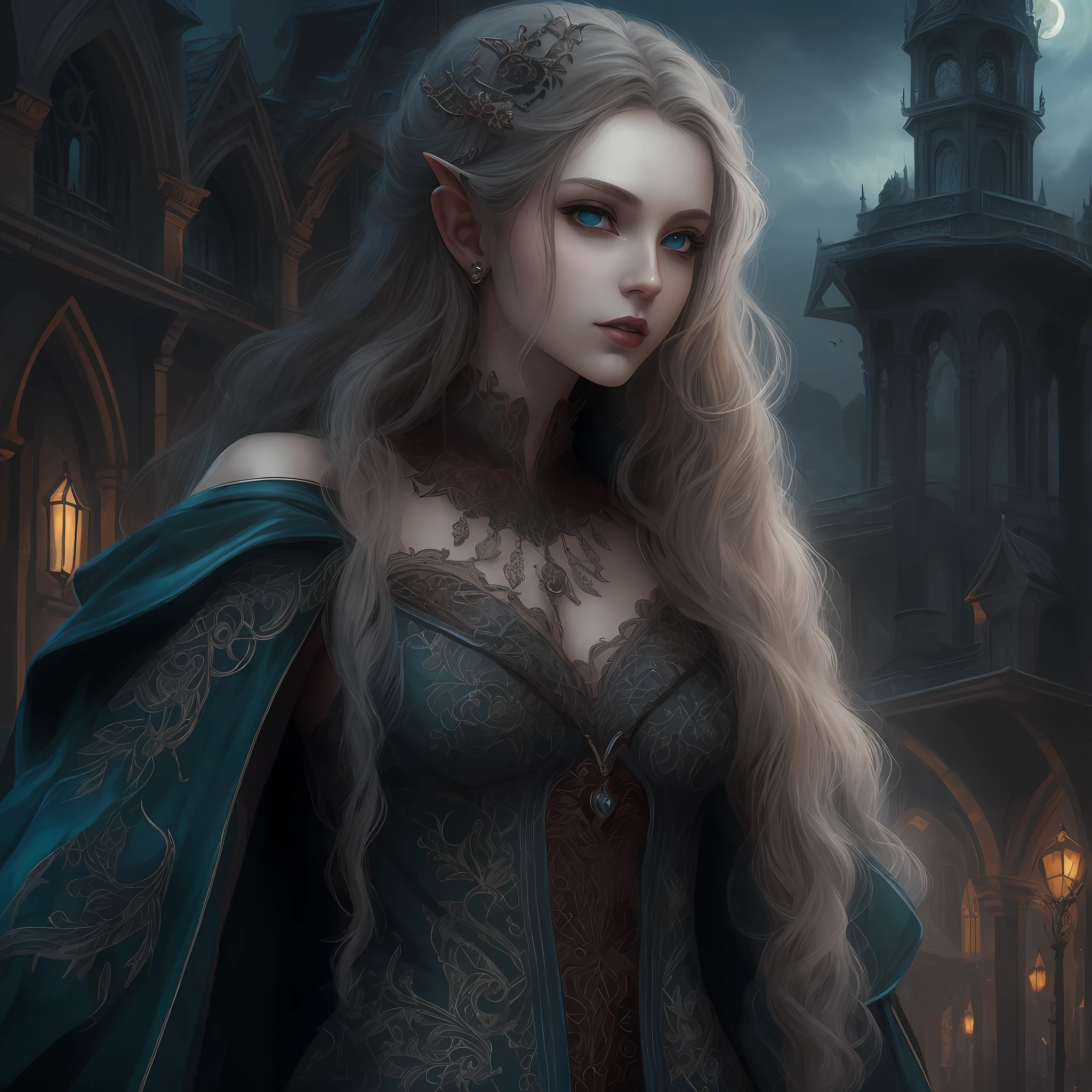 fantasy art, gothic art, (masterpiece:1.5), full body best details, highly detailed, best quality, highres, full body portrait of a vampire, elf (1.6, Masterpiece, best quality), ultra feminine, wizard, (1.4 intricate details, Masterpiece, best quality) with a long curvy hair, light color hair, blue eyes, (fantasy art, Masterpiece, best quality), ((beautiful delicate face)), Ultra Detailed Face (1.6 intricate details, fantasy art, Masterpiece, best quality), [[visible vampiric fangs 1.5]] (1.5 intricate details, fantasy art, Masterpiece, best quality), red cloak, flowing cloak (1.4 intricate details, fantasy art, Masterpiece, best quality), wearing an intricate black dress (1.4 intricate details, fantasy art, Masterpiece, best quality), high heeled boots, urban background (intense details, beat details), fantasy, at night light, natural ,moon light, clouds, gothic atmosphere, soft light, dynamic light, [[anatomically correct]], high details, best quality, 8k, [ultra detailed], masterpiece, best quality, (extremely detailed), dynamic angle