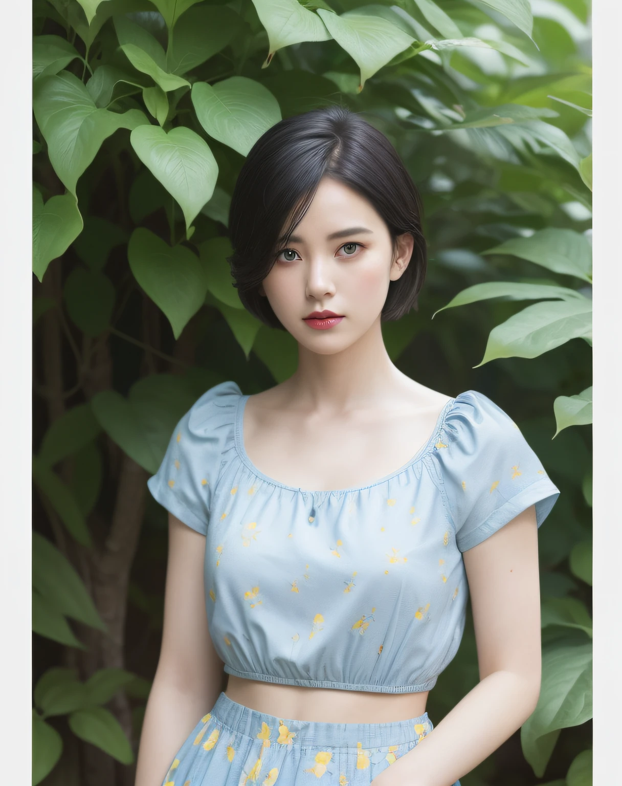 (long skirt:1.2),(blue flowers print:1.2),(yellow flowers print:1.2),(red flowers print:1.3),(birds print:1.2),(leaf print:1.2),1 girl,full body, (short hair:1.1), (realistic:1.7),((best quality)),absurdres,(ultra high res),(photorealistic:1.6),photorealistic,octane render,(hyperrealistic:1.2), (photorealistic face:1.2), (8k), (4k), (Masterpiece),(realistic skin texture), (illustration, cinematic lighting,wallpaper),( beautiful eyes:1.2),((((perfect face)))),(cute),(standing),(black hair),(short hair),black eyes,red lips, (outdoors),