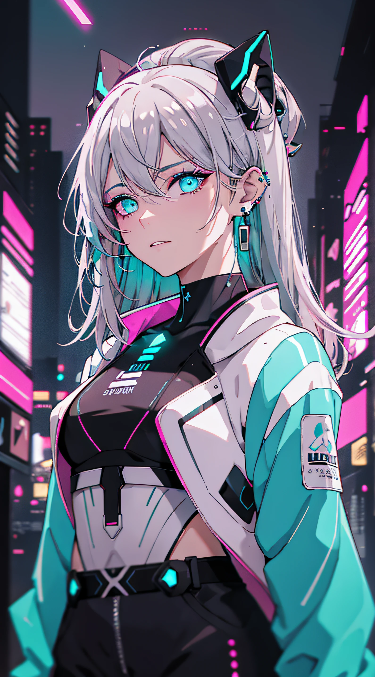 (masterpiece, best quality, night:1.4), (cowboy shot, silver hair:1.9), 8k, absurdres, beautiful girl, (wearable computer:1.4), cyberpunk, cyber goth, (cyberpunkoutfit, fluorescence pink accent, glowing pink lines on short jacket:1.4), neon, bracelets and choker, (glowing, glow, film grain, chromatic aberration:2), (asian shopping district, street, buildings, skyscraper:1.2), makeup, (cyan earrings:1.3), sharp focus, dark background, perspective, depth of field, (very small mechanical device, rain, HDR, facelight, sharp focus, dynamic lighting, cinematic lighting, professional shadow, extreme detailed, finely detail, real skin:0.8), (detailed eyes, sharp pupils, realistic pupils, dark back ground:0.6), (glitch effect:0.7)