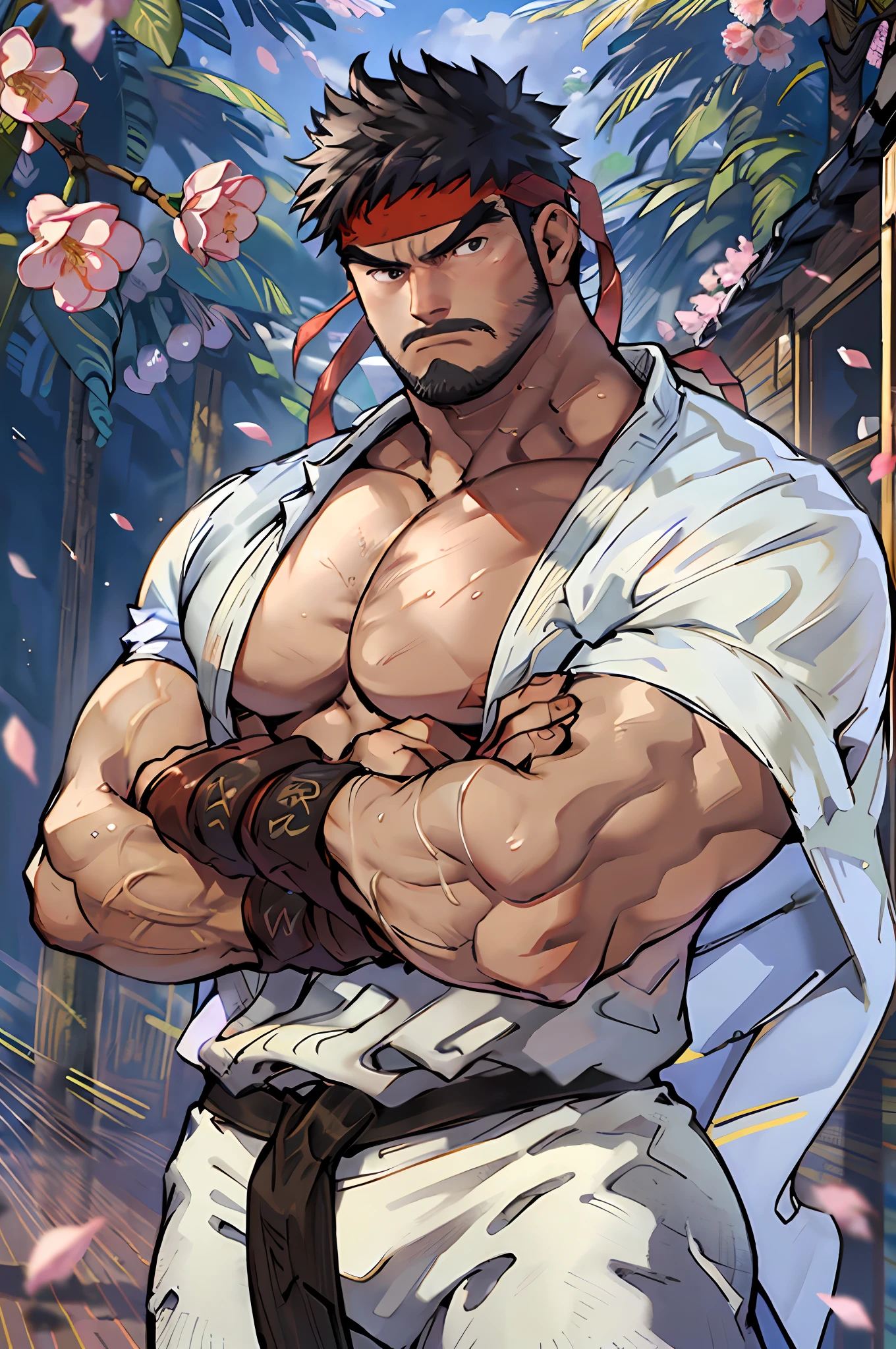 (masterpiece, best quality:1.2), cowboy shot, solo, male focus, 1boy, ryu \(sf\), middle age, serious, determined face, white skin, looking at viewer, black hair, black beard, detailed face tall, hunk, muscular, wide shoulder, big physique, wearing big white Dougi, new white Dougi shirt, white Dougi pant, red headband, fingerless gloves, blue aura, cherry blossom in the background, high detailed, crossed arms