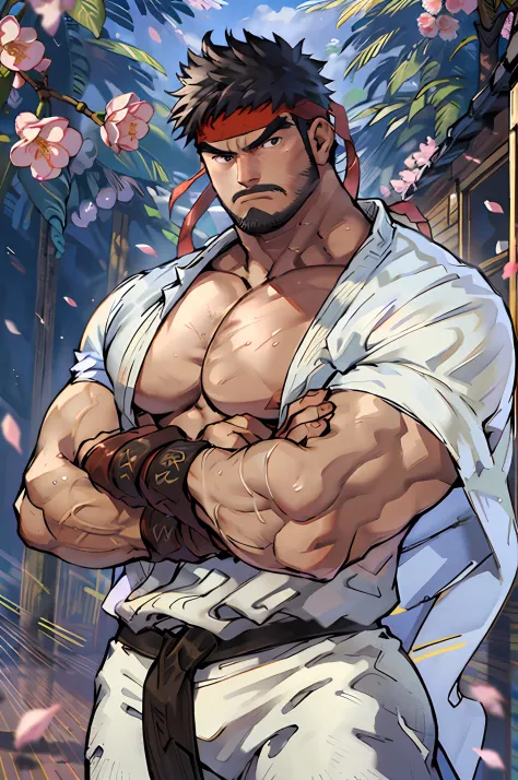 (masterpiece, best quality:1.2), cowboy shot, solo, male focus, 1boy, ryu \(sf\), middle age, serious, determined face, white sk...