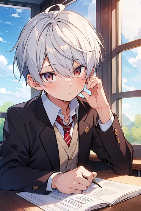(high-quality, breathtaking),(expressive eyes, perfect face), 1boy, male, solo, short, young boy, short white hair, red eyes, sc...