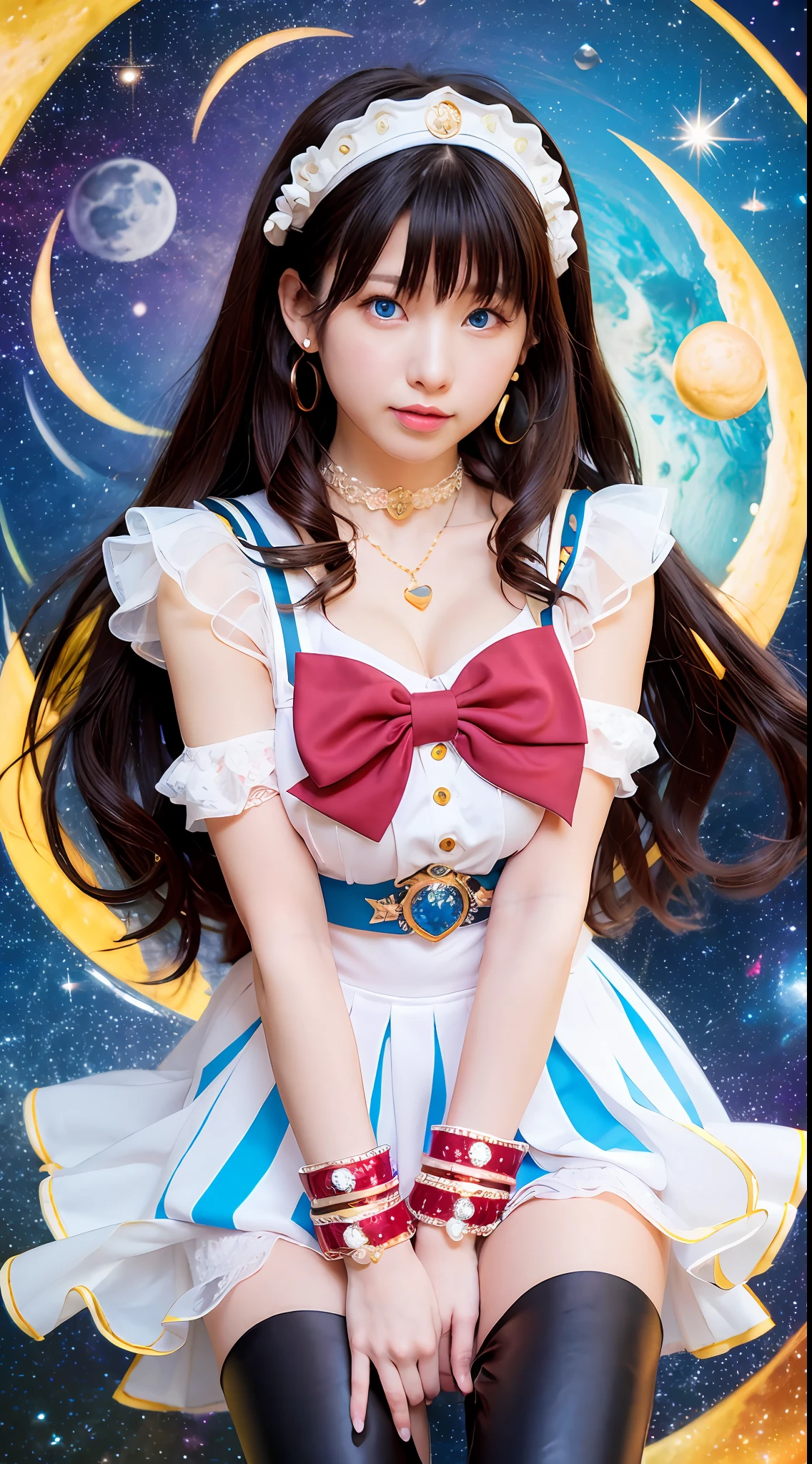 Masterpiece, best quality, (1 girl), super sailor moon, cowboy lens, night sky, moonlight, night, white gloves, blue eyes, galaxy background, multicolored clothes, , blue skirt, hair ornament, red bow, brooch, heart brooch, earrings, crescent, heart necklace, heart, very long hair, crescent moon earrings, tiara, yellow necklace, boots, knee boots,  red shoes, long legs