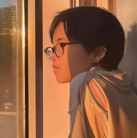 There was a little boy looking out the window at the setting sun, boy staring at the window, lofi portrait at a window, looks ou...