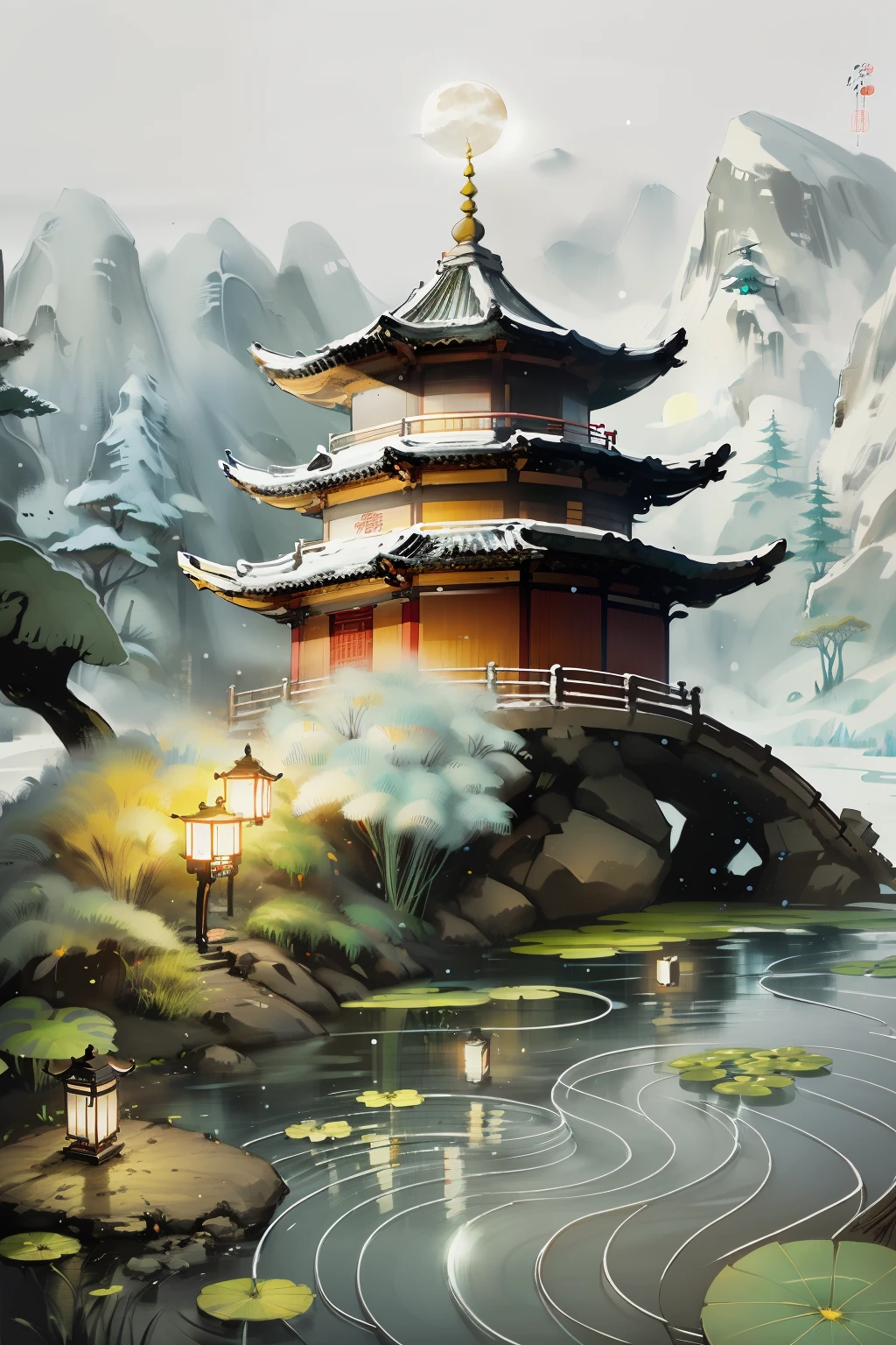 masterpiece,best quality,Chinese martial arts style,an snowing asian night scene with lanterns and water lilies,asian pond with many lanterns and boatsa night scene with many lights and boats in the water, snowflakes ,Lake surface, lotus flowers,beautiful night scene,(((Chinese martial arts style))), with vast sky, continuous mountains and steep cliffs, ink wash style, outline light, atmospheric atmosphere, depth of field, mist rising, bamboo, pine trees, octagonal stone pavilion, waterfall flowing water,big full moon,(No color) , Monochrome, light color,