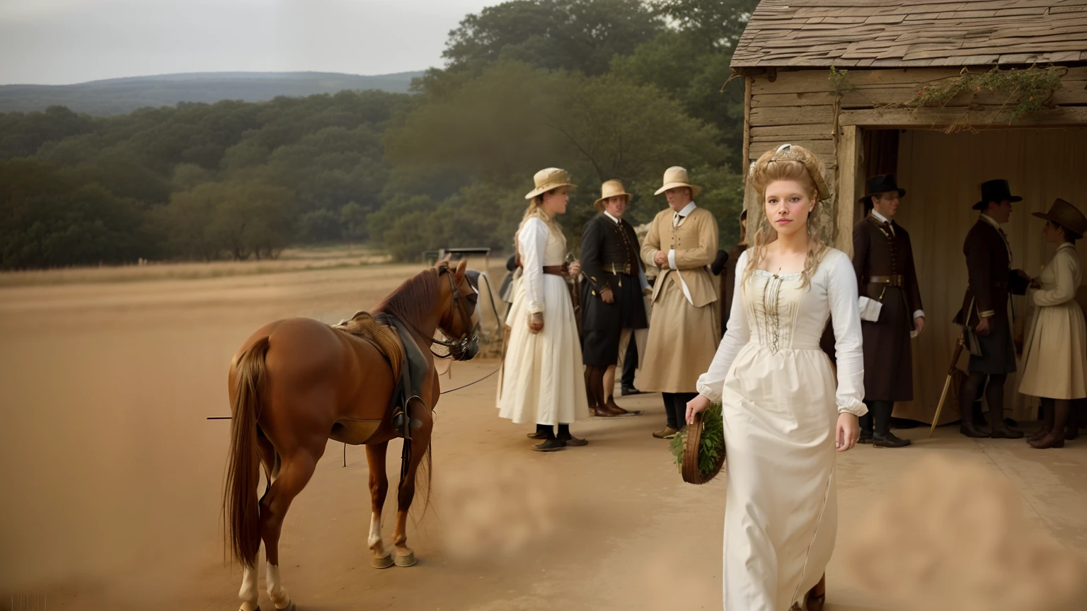 A beautiful woman in period costume in a long white dress