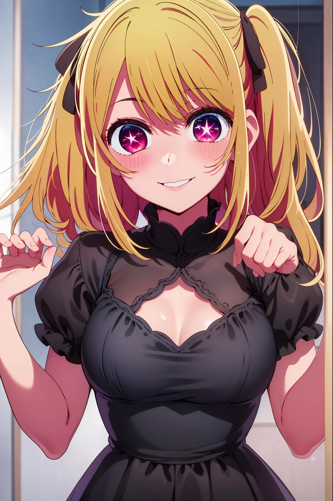 1girl in, solo, Hoshino Ruby, symbol-shaped pupils, Left star-shaped pupil, sparkly eyes, (Left star), red eyes, blonde  hair, side poneyTail, a smile, Hi-Res, top-quality, ​masterpiece、Black Dress