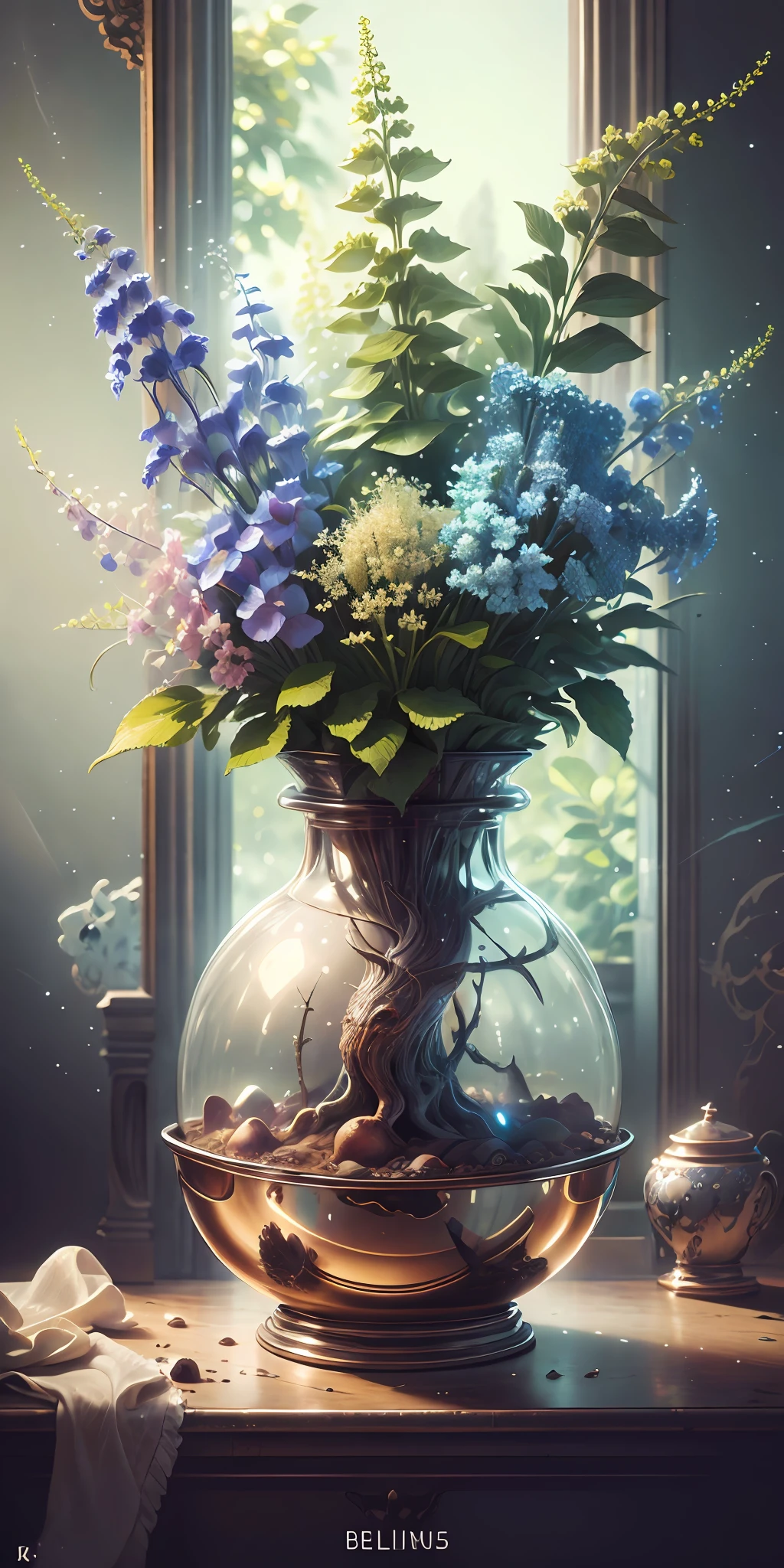 melhor qualidade, obra de arte, ultra alta resolução, (foto realista:1.4),retrato surrealista, Surrealismo, sonhe como, Flores de Delphinium Belladonna em um vaso, criatura fantástica, DiamonAI,