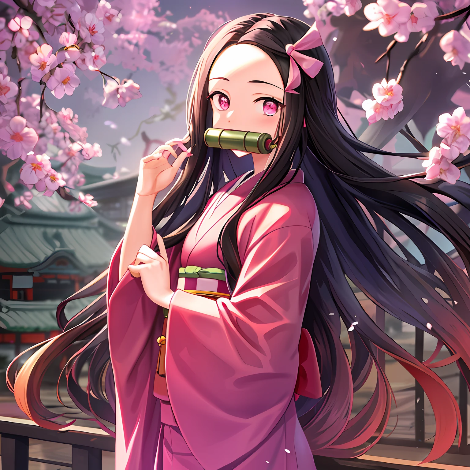 Kamado Nezuko, bit gag, Gagged, 1girl in, A dark-haired, Mouth closed, brow, Hair Ribbon, Komono, Kimono, The long-haired, O cabelo multicolorido, Pink eyes, Pink kimono, Pink Nails, Pink ribbon, bow ribbon, simple background, A smile, 独奏, Very long hair, Beautiful old Japan townscape, ((​masterpiece)), Chewing bamboo to the side,