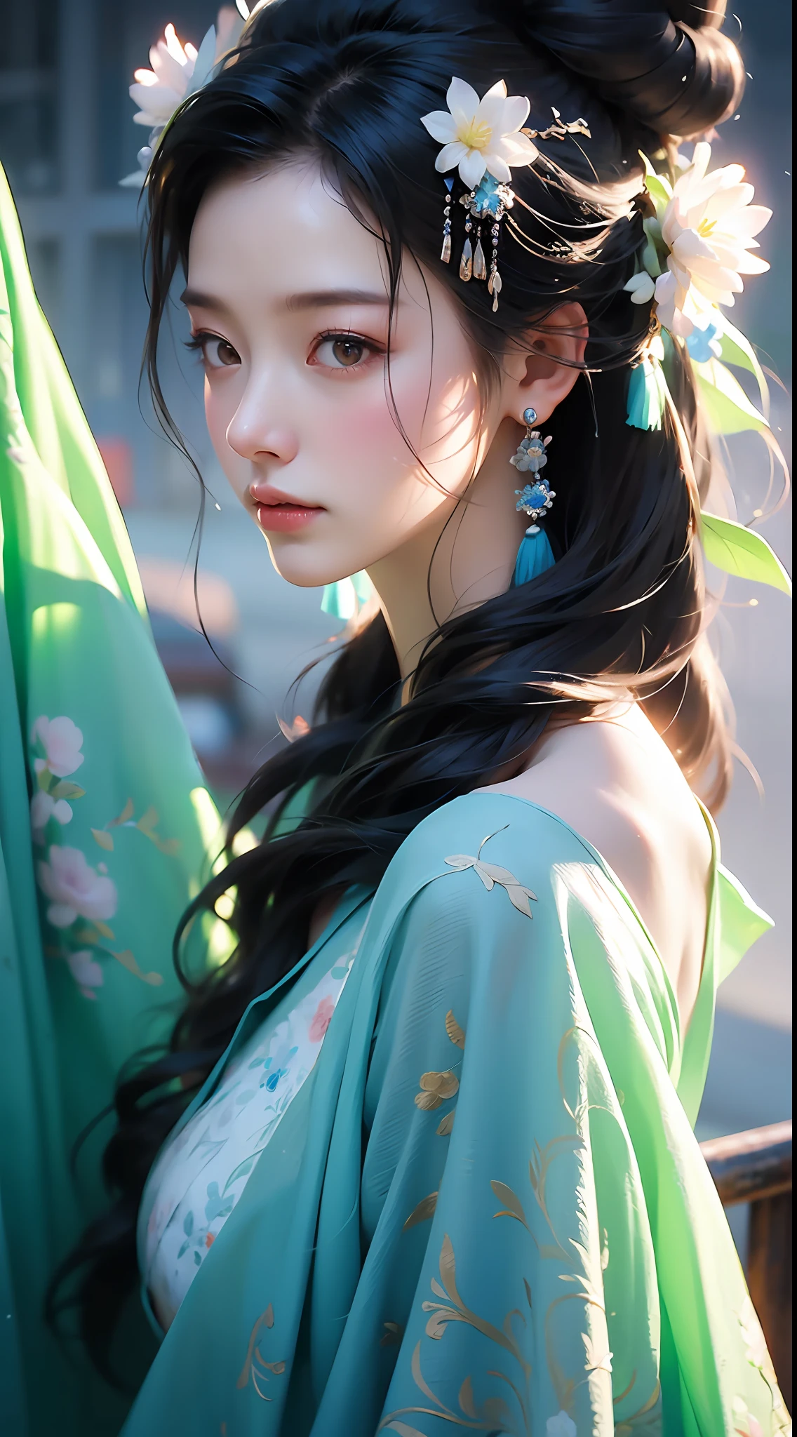 (Chinese landscape), abstract painting, (Zen, Amy Sol style), 1 girl, upper body portrait close-up, hazy beauty, extremely beautiful facial features, blue Hanfu long skirt with hairpins on the head, (spring, rainy days, terraces, mountains), light abstract cover art, simple vector art, contemporary chinese art, color gradient, pastel color palette, layered form, whimsical animation, style ethereal abstraction,