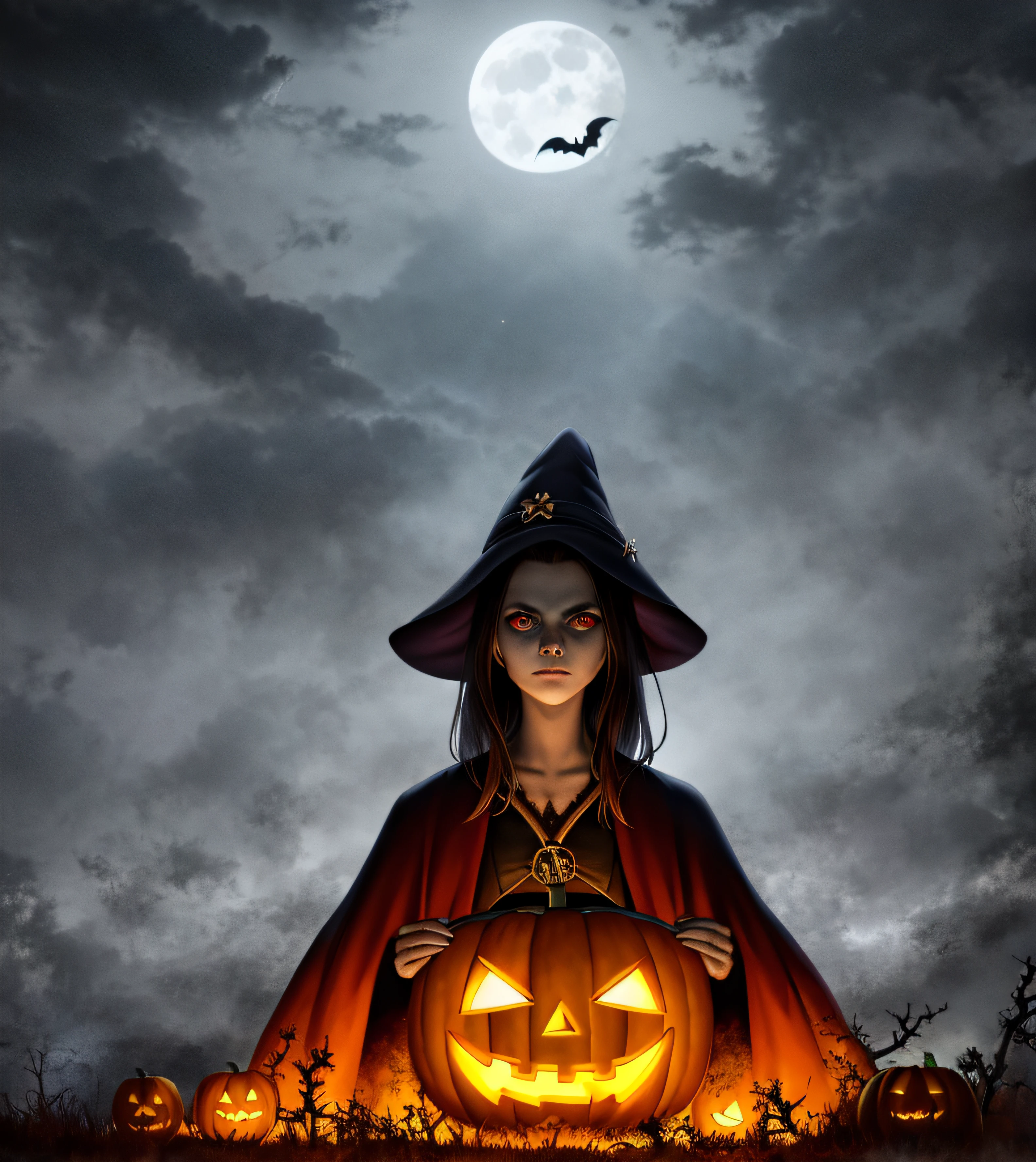 A woman in a witch costume holding a pumpkin in front of a full moon -  SeaArt AI