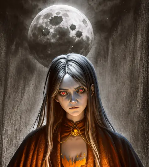 highres, best quality, concept art, official art, portrait, A witch in front of a full moon, Halloween, digital painting, horror...