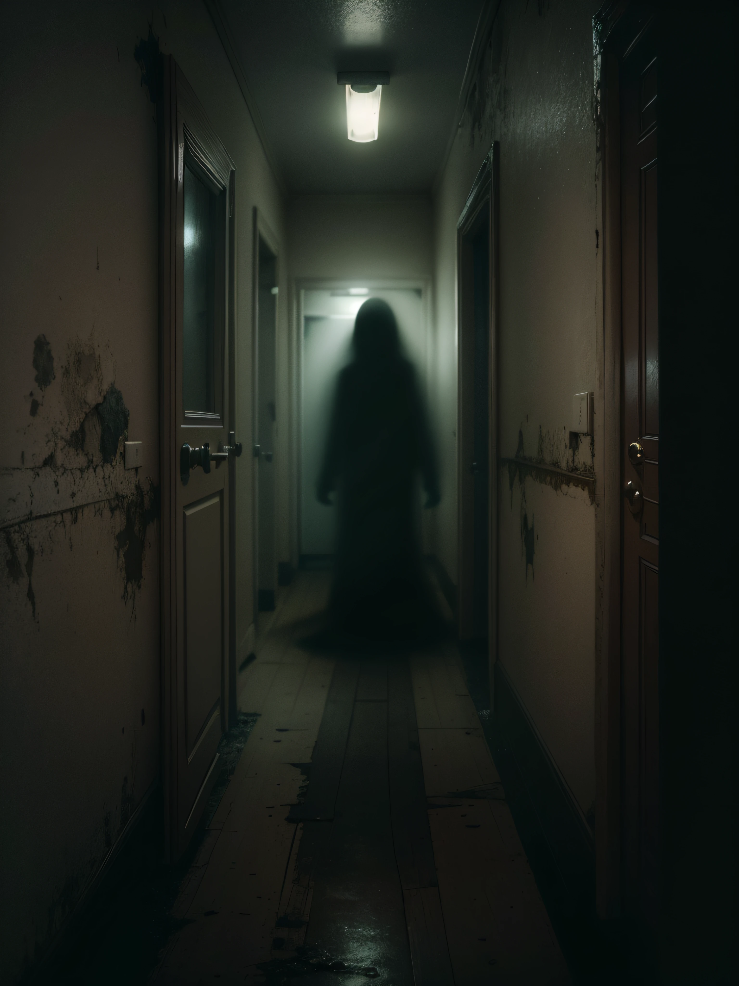 A chilling photorealistic image of a haunting apparition captured by a