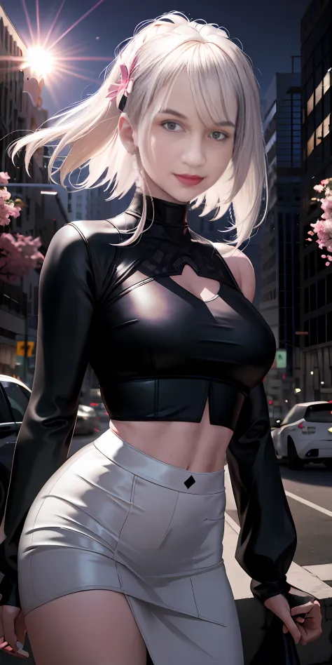 Garota anime com cabelo branco e top preto posando na rua, estilo anime. 8k, Tifa Lockhart com cabelos brancos, estilo anime 4K,...