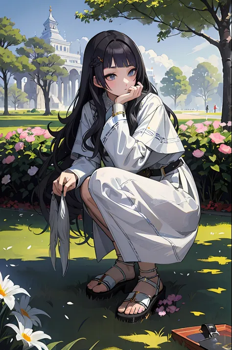 Beautiful illustration depicting a scene of a black-haired priestess crouching in a park、Include a representation of hair showing part of gray hair。Panchira