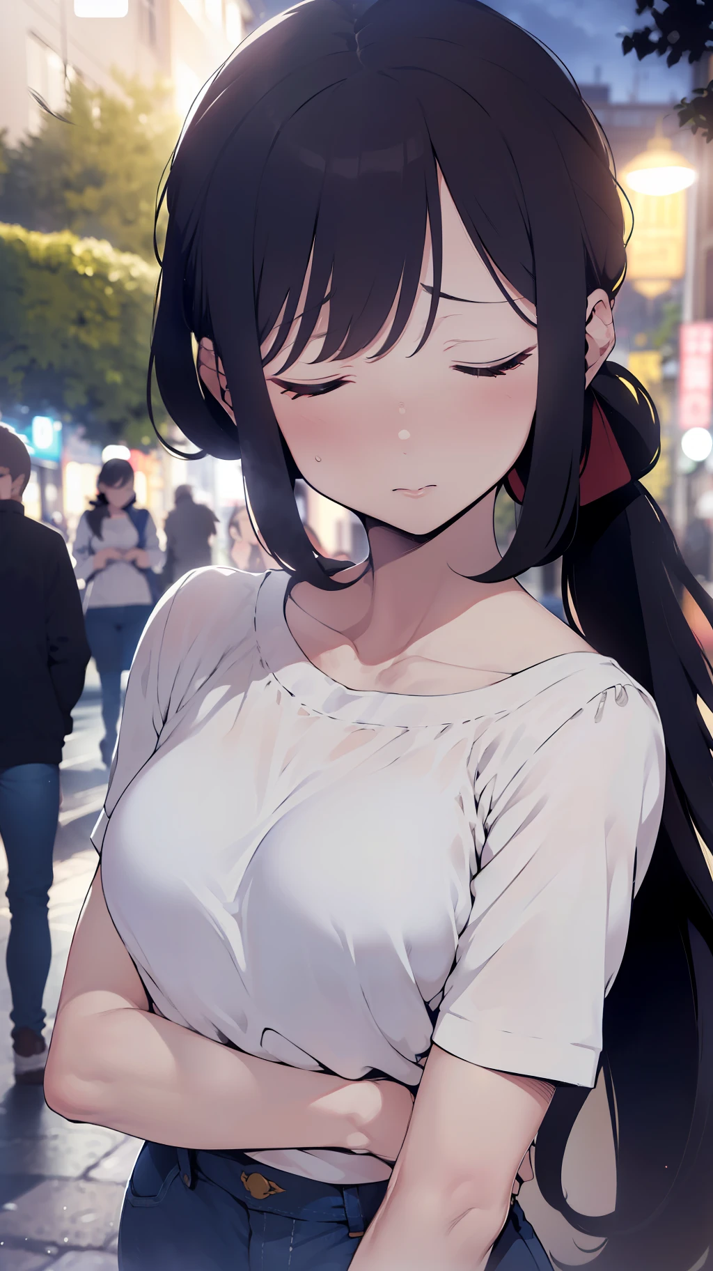 (((one woman,long hair,ponytail,bangs,slender face,closed eyes,small breast,white blouse,navy jeans,surprised,flushed cheek))),masterpiece,extremely high quality,extremely fine and beautiful,hyper detail,dynamic resolution,sharp focus,anime style,incoming kiss,close up face,closed eyes,in the park,at night,1girl