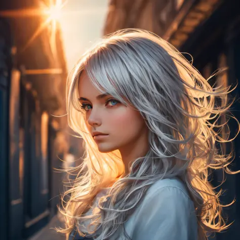 Silver-haired girl，Surreal style，Magnificent details，Beautiful picture，Bright light and shadow，wide wide shot，Ultra-high-definit...