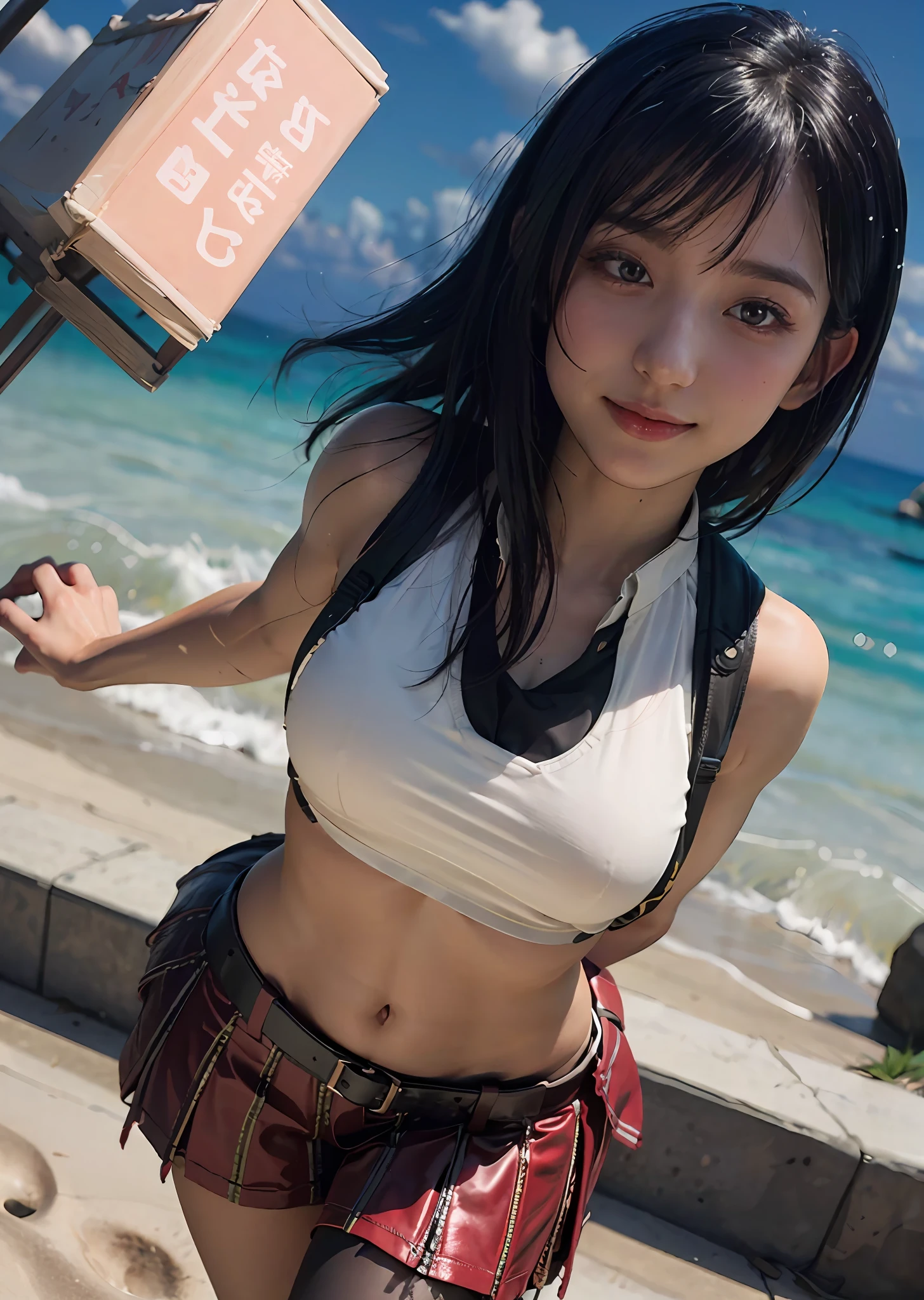 (8k, best quality, masterpiece:1.2), (realistic, photo-realistic:1.37), tifa lockhart, looking at camera, small breasts, A cup, ultra-detailed, 1 girl, cute, solo,beautiful detailed sky, dating,(nose blush),(smile:1.15),(closed mouth),(collared shirt:1.1), (short hair:1.3),(floating hair NovaFrogStyle:1.2), jk,pink light, wet, park, reflective iris, red iris, looking at camera, tifa original outfit, beach background, light on face, strong arms, muscular arms, tifa original outfit, full body, sly smile