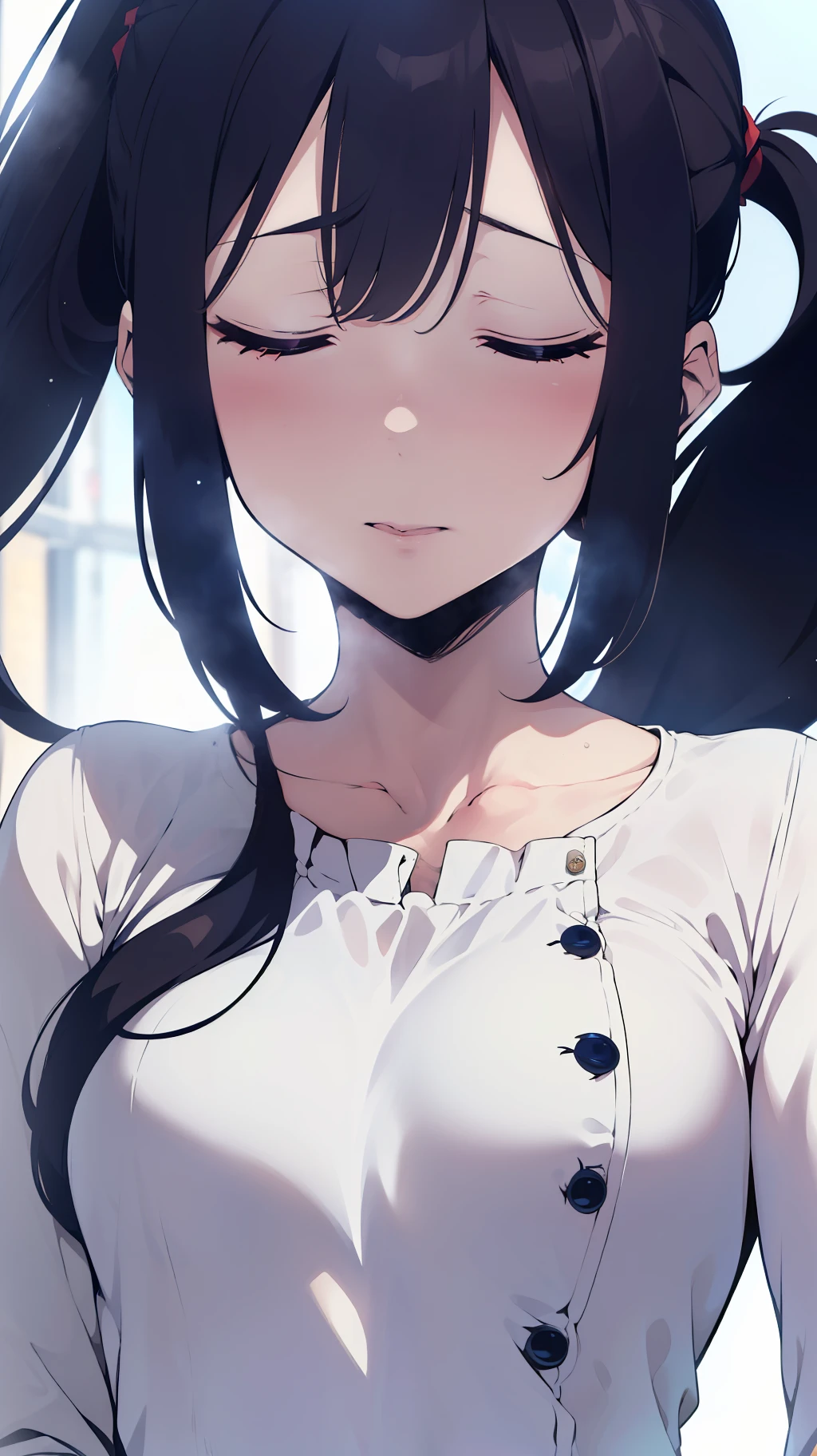 (((one woman,long hair,ponytail,bangs,slender face,closed eyes,small breast,white blouse,navy jeans,surprised,flushed cheek))),masterpiece,extremely high quality,extremely fine and beautiful,hyper detail,dynamic resolution,sharp focus,anime style,incoming kiss,from front,closeup face