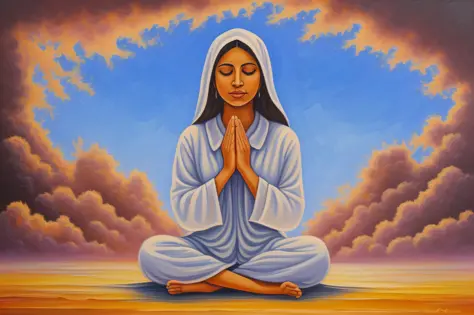 a person with hands clasped in prayer, A blue sky with clouds, a bright light radiating from the sky, Use suave, cores suaves pa...