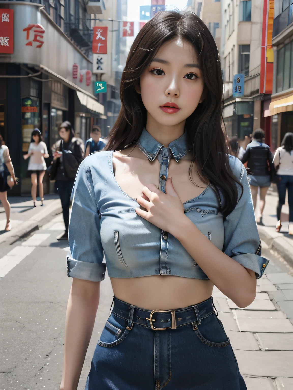 1girl，solo，Open your lips， （Midgastric），（Hosiery）Denim skirt， the street，hand on her own chest，looking at viewert，Realistic，(full bodyesbian：1.5）
