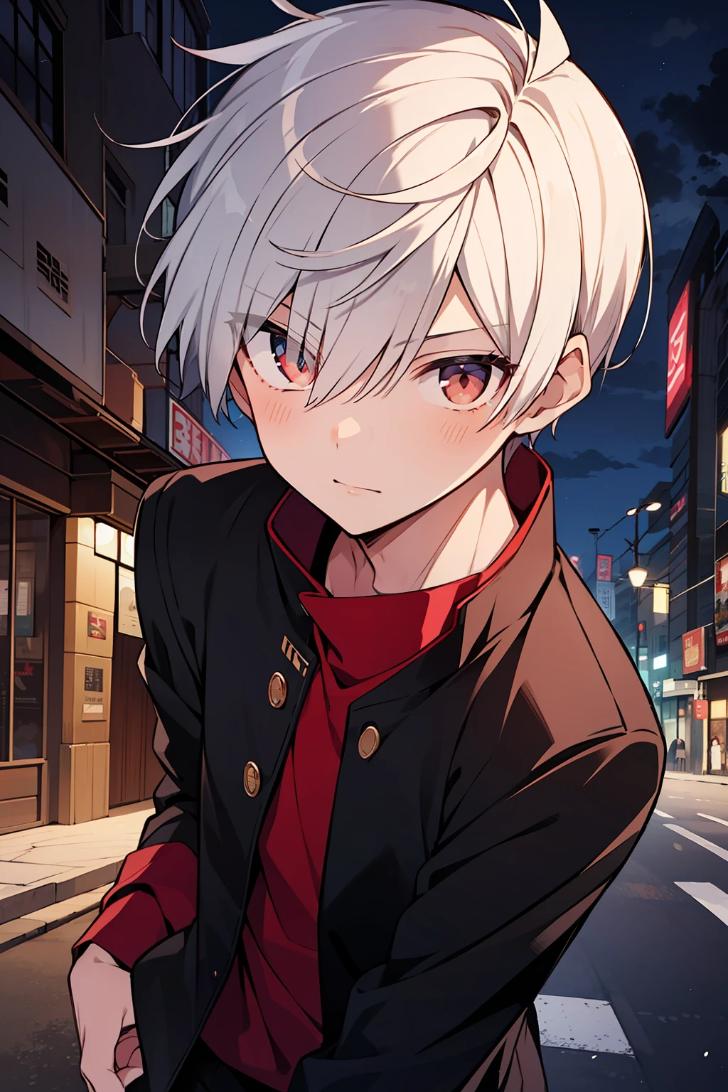 (high-quality, breathtaking),(expressive eyes, perfect face), 1boy, male, solo, short, young boy, short white hair, red eyes, black gakuran, night, in the city, yankee, delinquent, gang