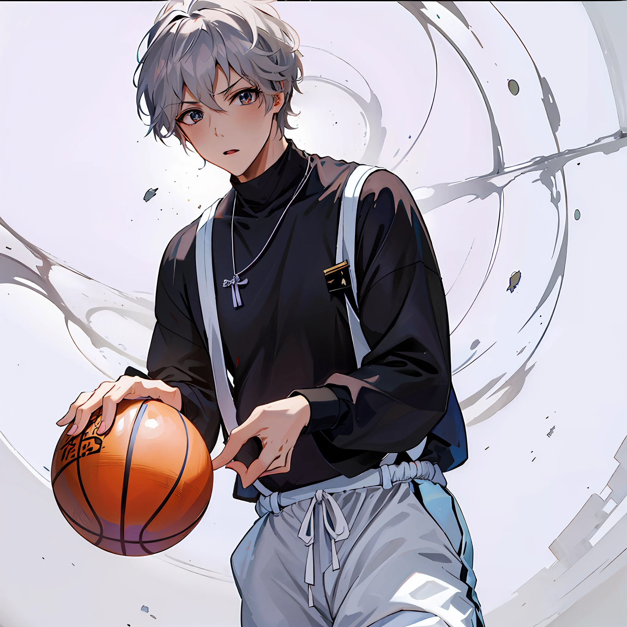 Anime boy holding basketball with white hair in front of white background, Inspired by Bian Shoumin, Cai Xukun, High-quality fanart, official fanart, Guviz-style artwork, clean artstyle, High quality anime art style, wearing basketball jersey, by Yang J, Detailed fanart, Guviz, Male anime style, inspired by Kun Can